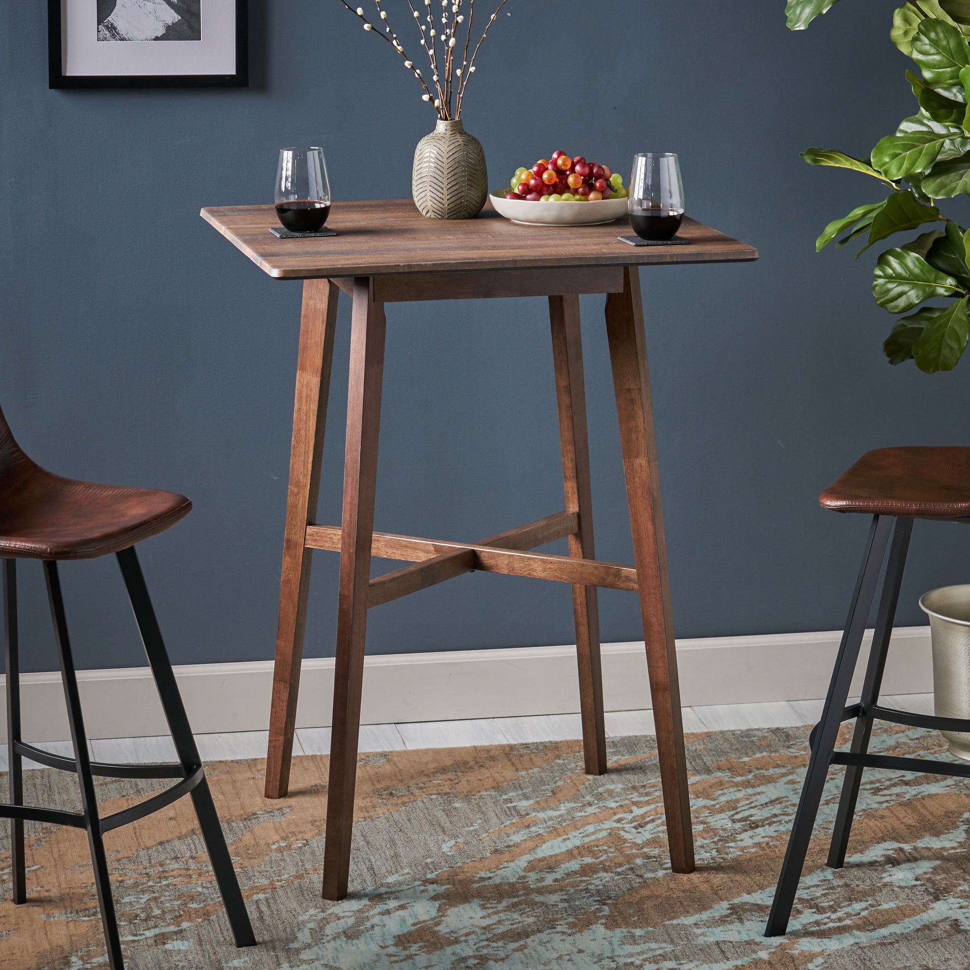 Modern Bar Height 42" Dining Table, Rubberwood Legs And Laminate Table Top, Walnut Finish, Black Walnut Mdf