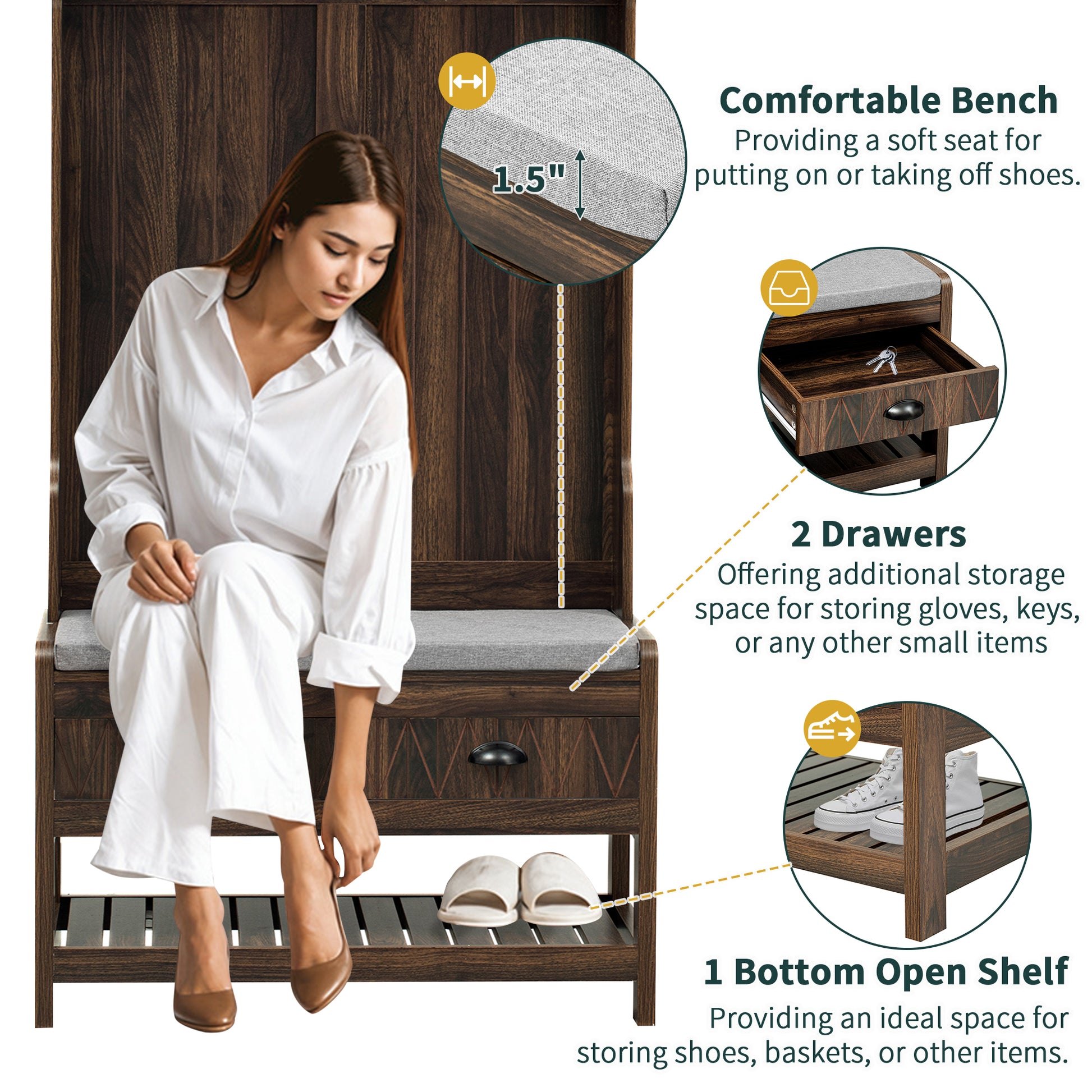 Hall Tree With 6 Hooks And Hinged Lid, Coat Hanger, Entryway Bench, Storage Bench, 3 In 1 Design, 69Inch, For Entrance, Hallway Brown Mdf