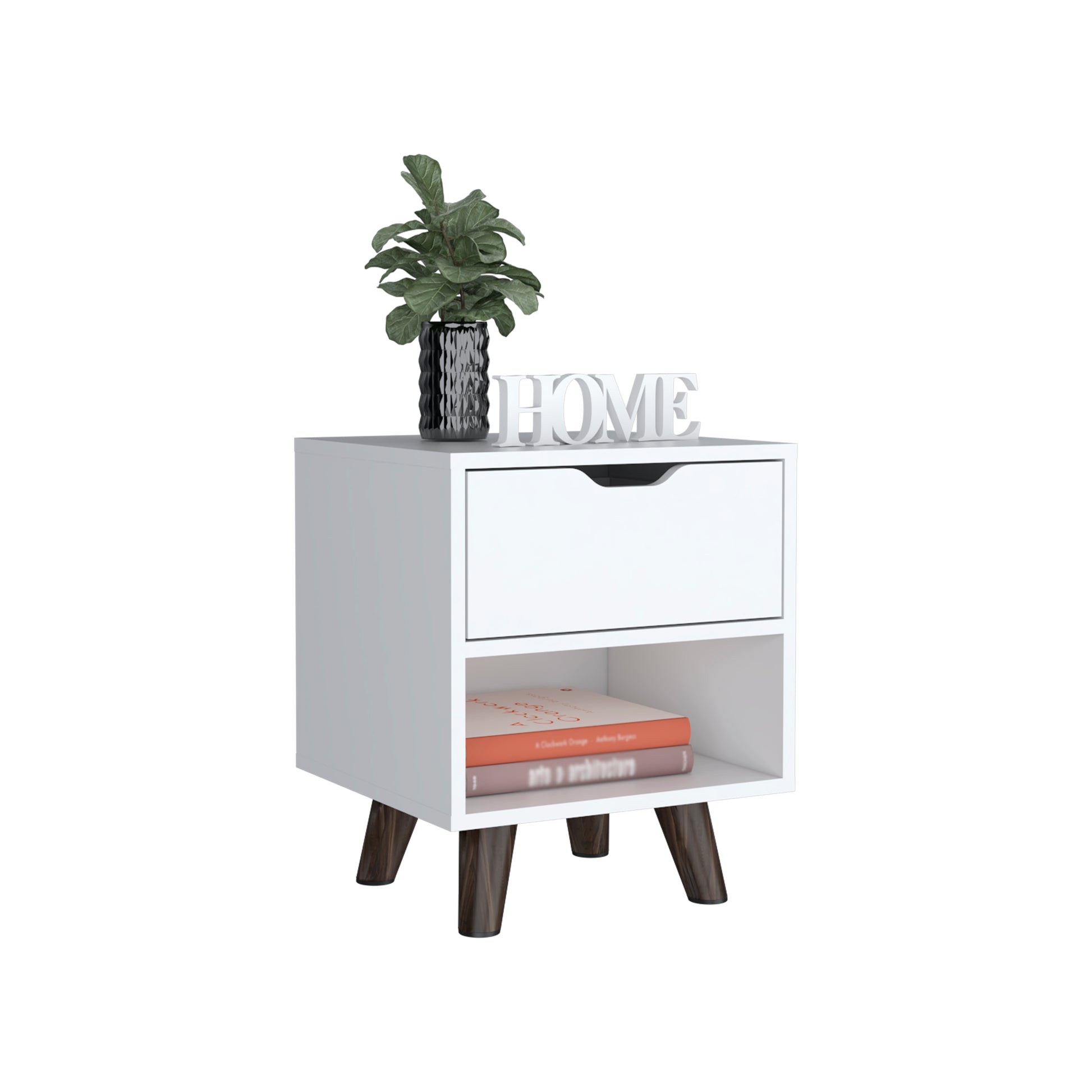 Modern Nightstand 19"H With Spacious Drawer, Open Storage Shelf And Chic Wooden Legs, White White Particle Board Particle Board