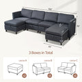 Convertible Sectional Sofa With Storage Seat 6 Seat Sofa With Reversible Chaise U Shaped Sectional Couch For Living Room,Dark Grey Black Fabric 6 Seat