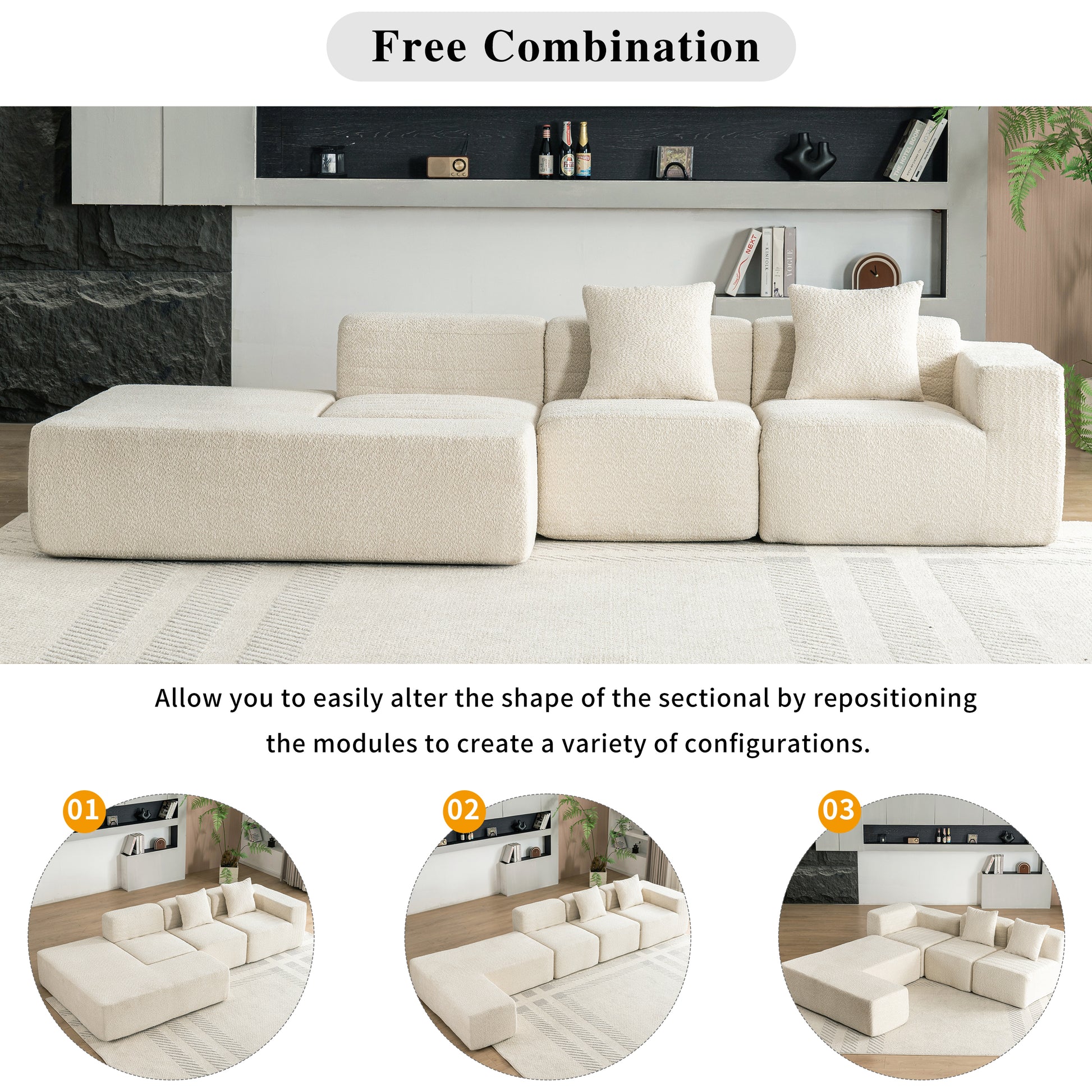 116.5" Sectional Sofa Full Compressed Sofa Couch Free Combined Sofa For Living Room, Beige Beige Foam Polyester 4 Seat