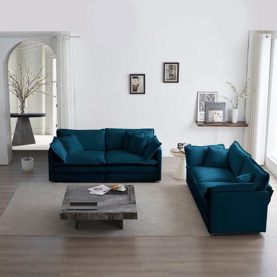 2 Piece Living Room Set2 Pieces Upholstered Loveseat And Couch For Home Office Lounge, Sofa Set Of 2, 2 Piece 2 2 Seat Couch Set For Living Room ,Blue Chenille Blue Chenille 4 Seat