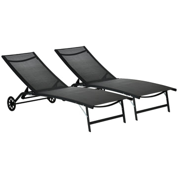Outsunny Chaise Lounge Outdoor, 2 Piece Lounge Chair With Wheels, Tanning Chair With 5 Adjustable Positions For Patio, Beach, Yard, Pool, Black Black Fabric