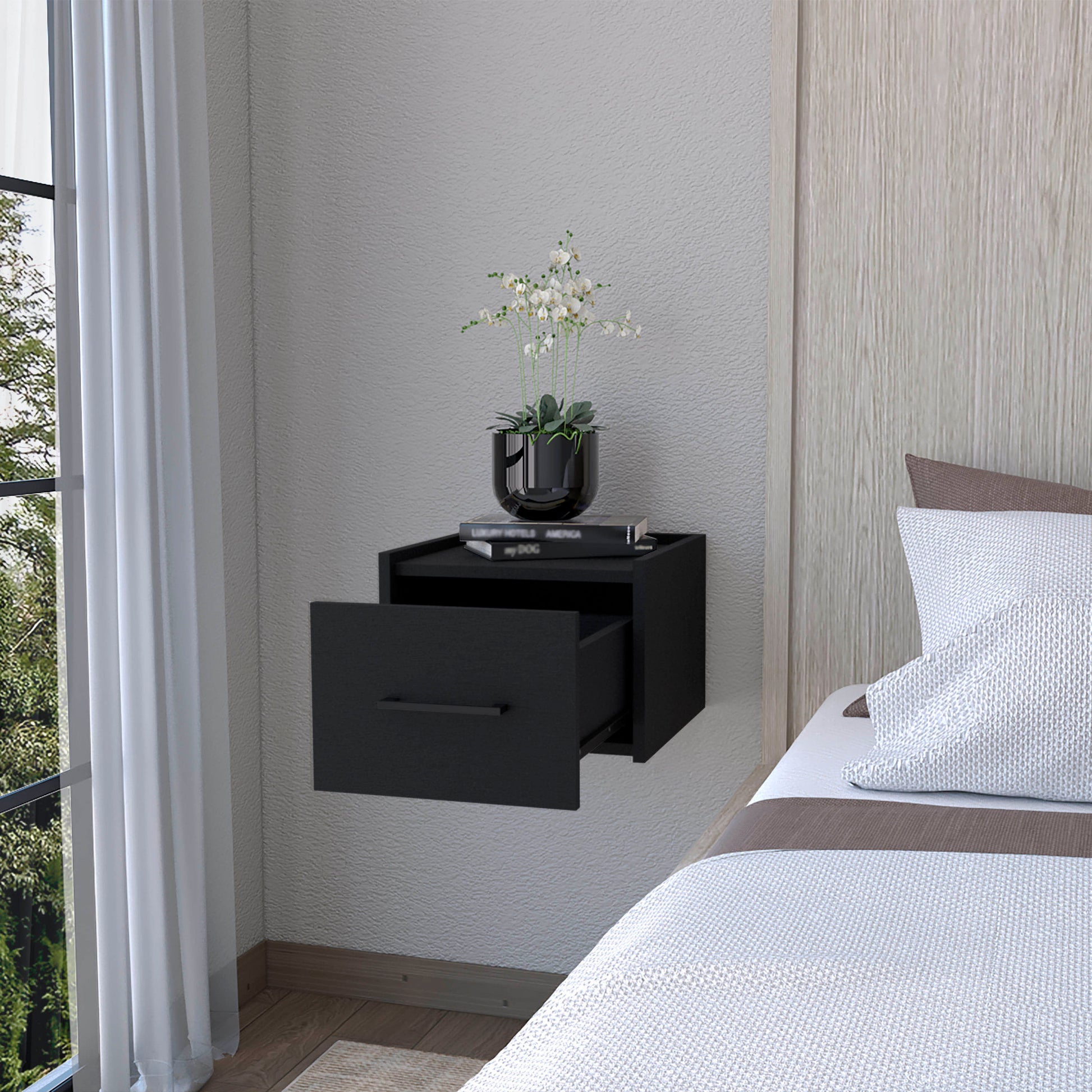 Elfrida Wall Mounted Nightstand, Sleek Single Drawer Design With Spacious Top Shelf Black 1 Drawer Floating Contemporary Melamine Engineered Wood