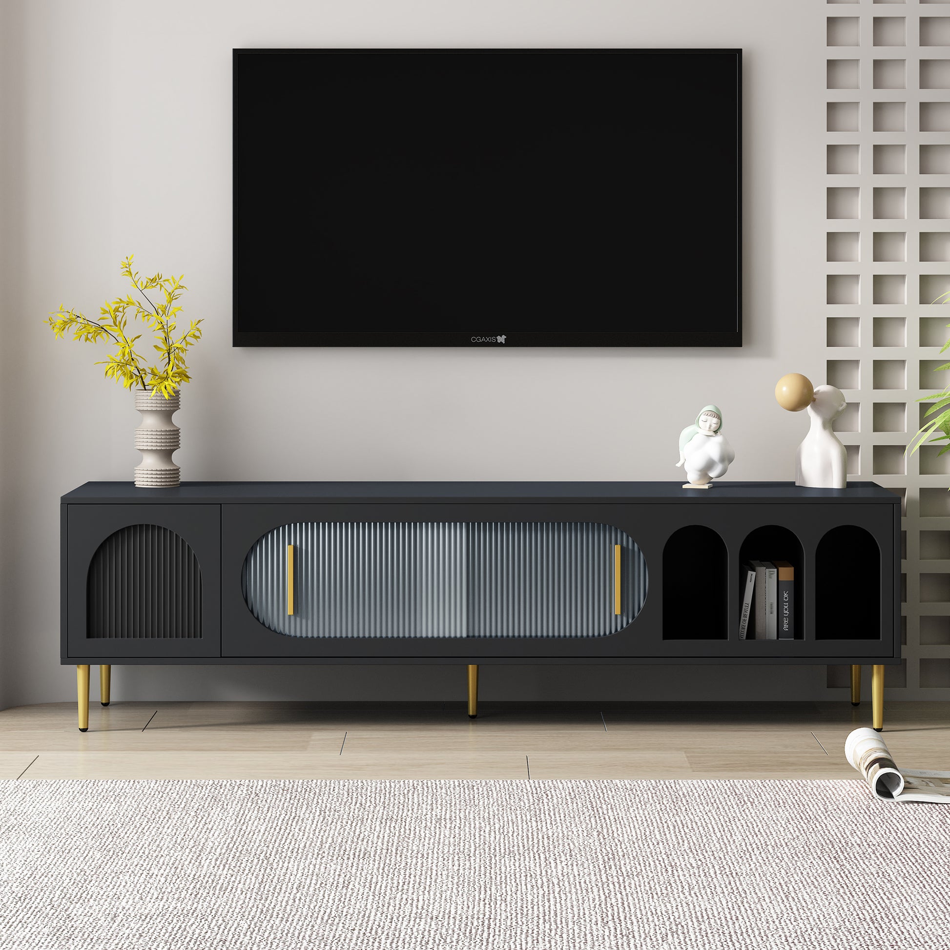 Modern Tv Stand For Up To 70 Inch Tv, Entertainment Center Tv Media Console Table, With 3 Shelves And 2 Cabinets, Tv Console Cabinet Furniture For Living Room Old Sku: Wf314645Aab Black 60 69 Inches Mdf