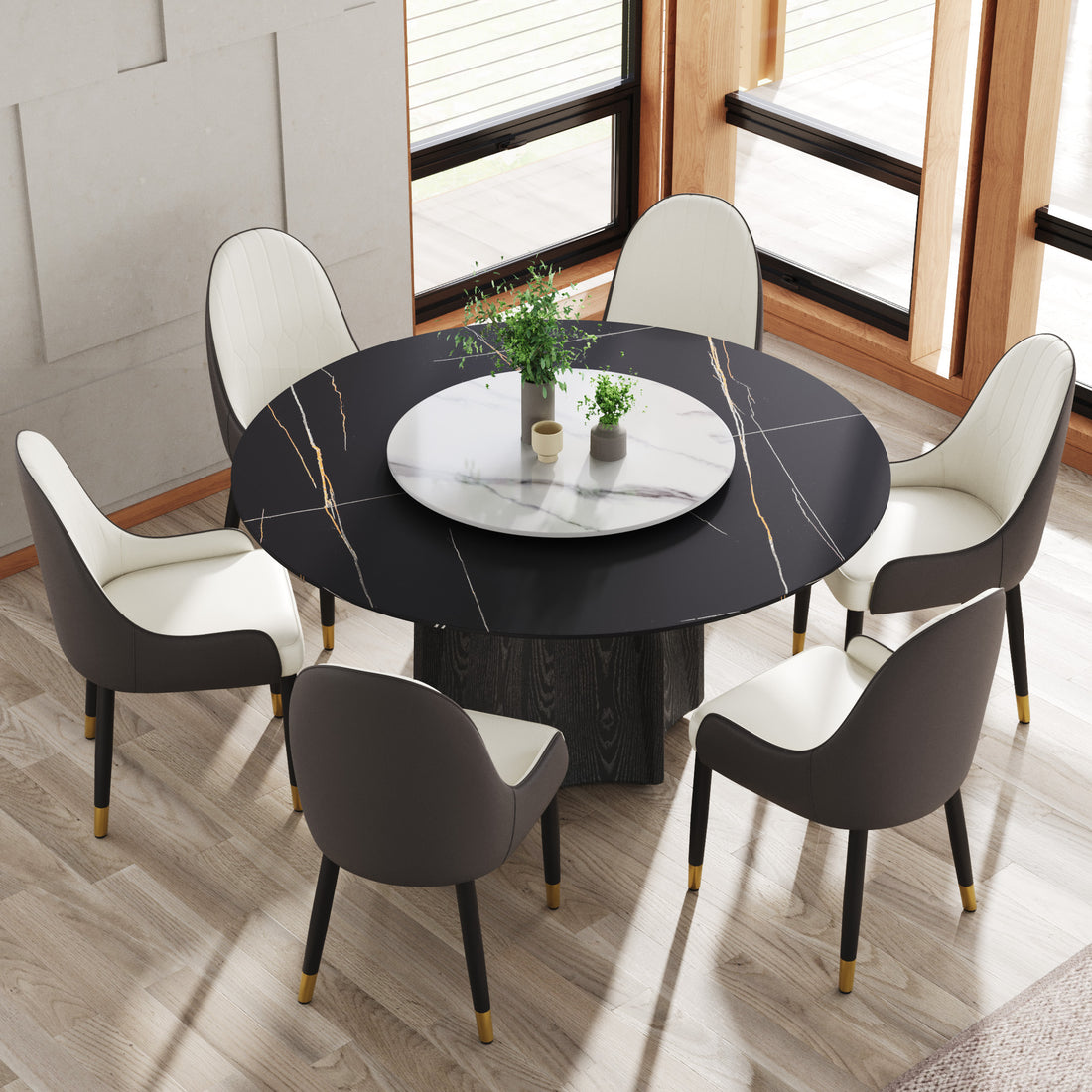 59.05" Round Marble Dining Table With Black Textured Solid Wood Base, Artificial Marble For 6 8 People, 31.5"White Artificial Stone Turntable,White&Black Dining Table Only Black,White Dining Room