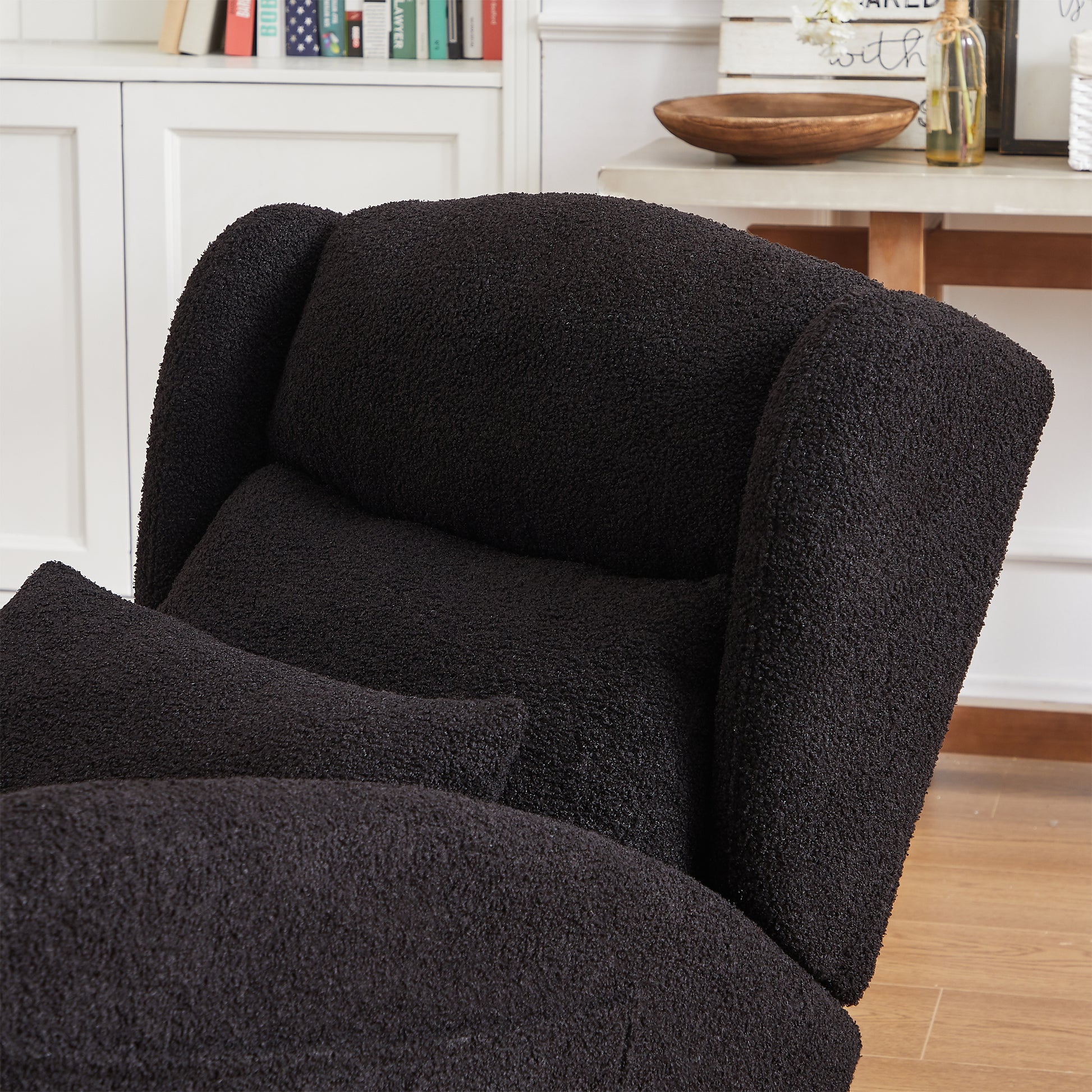 27.2"W Modern Accent High Backrest Living Room Lounge Arm Rocking Chair, Two Side Pocket Black Foam Fabric