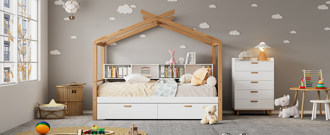 White Twin Size Wooden House Bed Original Wood Colored Frame With Two Drawers And Bookshelf Storage Space For Children Or Guest Room Twin White Wood