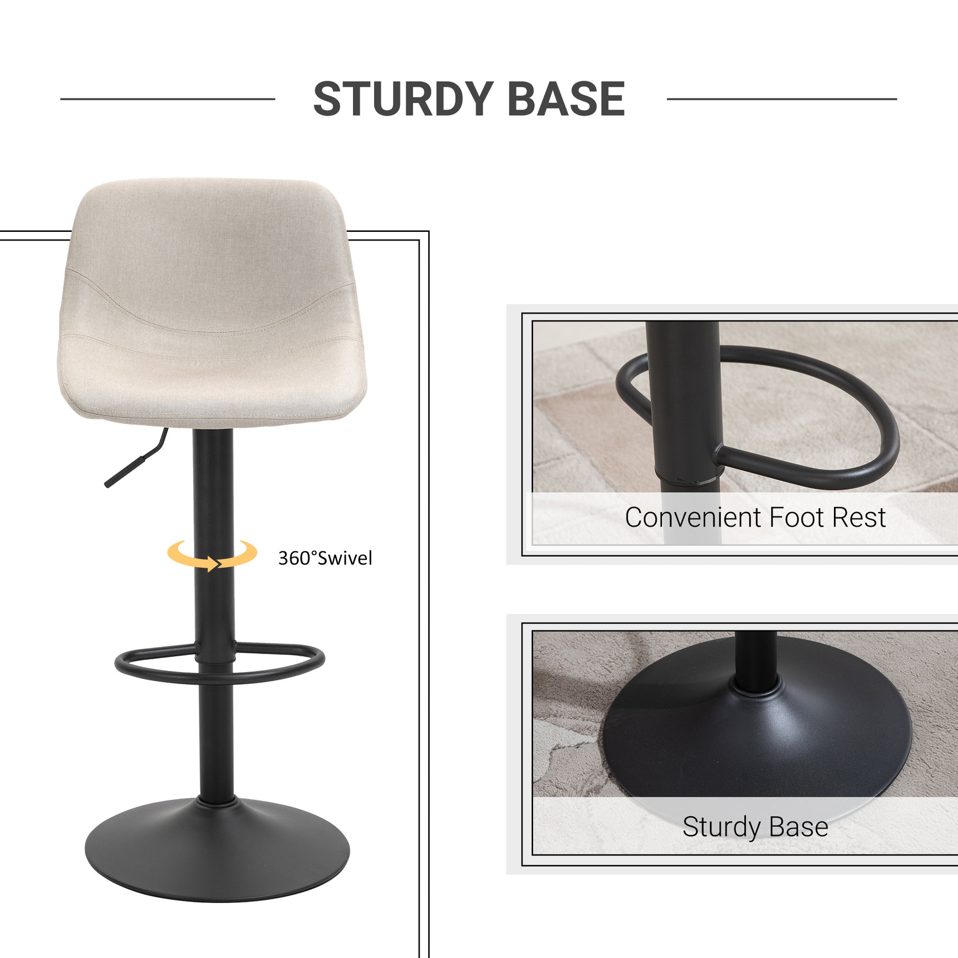 Homcom Adjustable Bar Stools, Swivel Bar Height Chairs Barstools Padded With Back For Kitchen, Counter, And Home Bar, Set Of 2, Cream White Cream White Linen