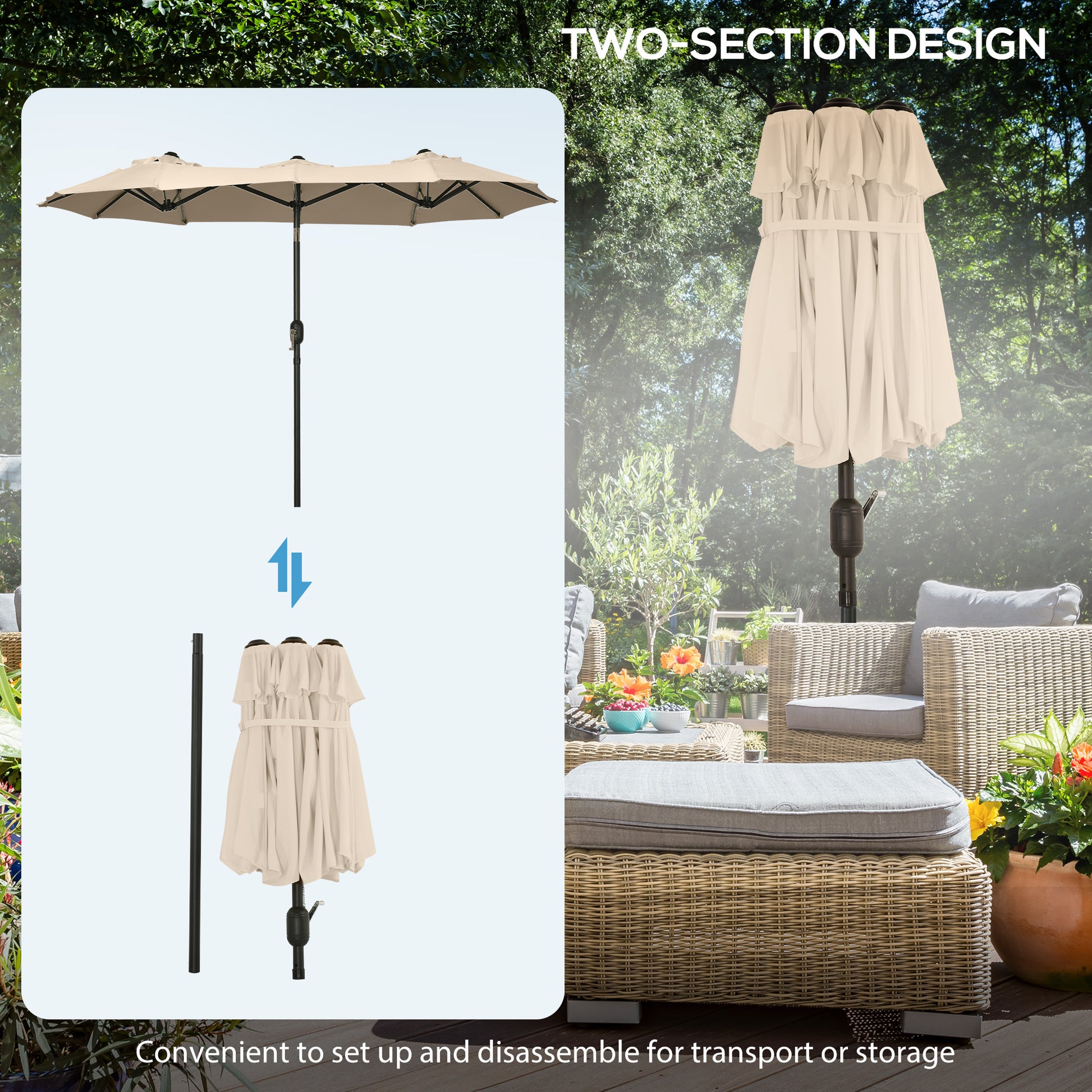 Outsunny Double Sided Patio Umbrella 9.5' Large Outdoor Market Umbrella With Push Button Tilt And Crank, 3 Air Vents And 12 Ribs, For Garden, Deck, Pool, Brown Brown Polyester