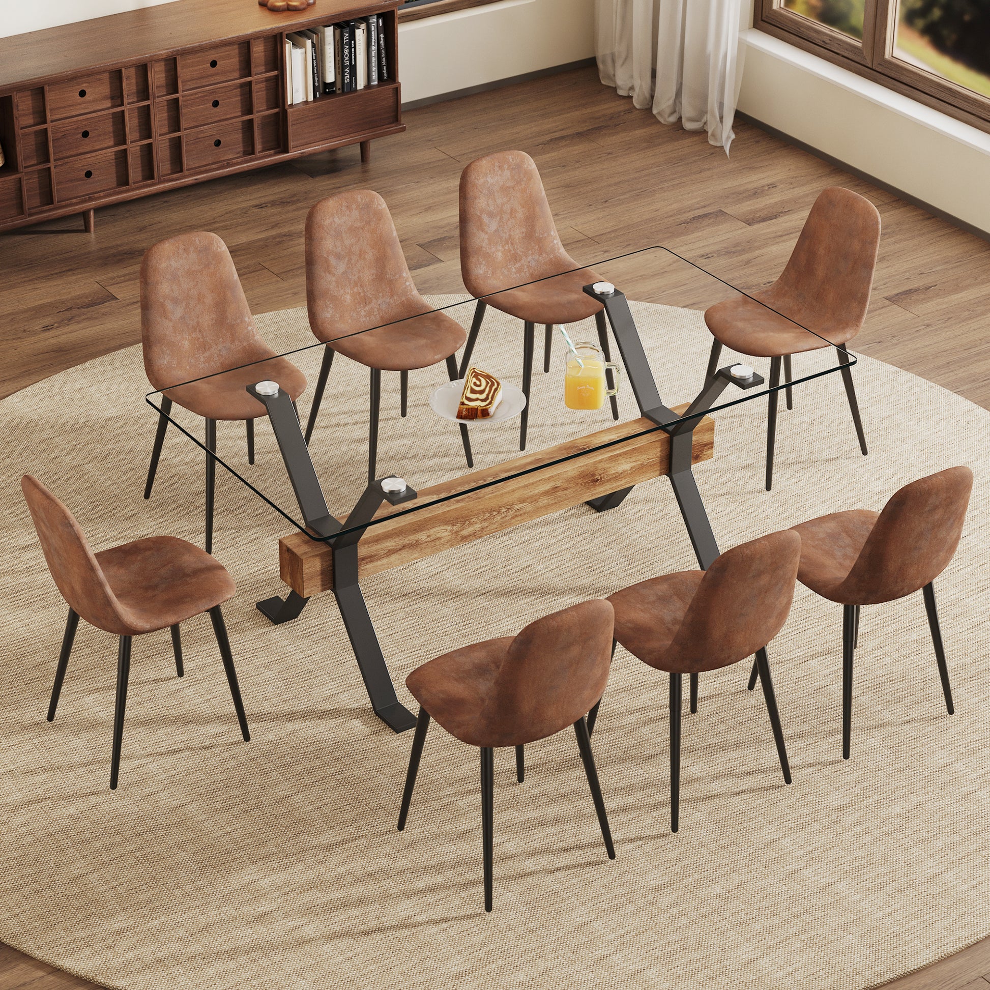 Dining Table. Modern Tempered Glass Dining Table. Large Modern Office Desk With Black Metal Legs And Mdf Crossbars, Suitable For Home And Office Use. 8 High End Cushioned Seats.F1105 B0501A Transparent Mdf Glass