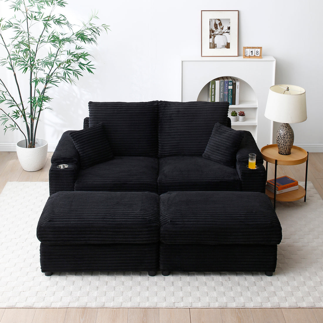 Loveseat With Ottomans,Corduroy Fabric Modular Sectional Sofa,Comfy Deep Plush Couch With Ottomans And Two Pillows,For Small Spaces, Living Room,Bedroom, Office, 5 Colors,Black Black Wood Primary