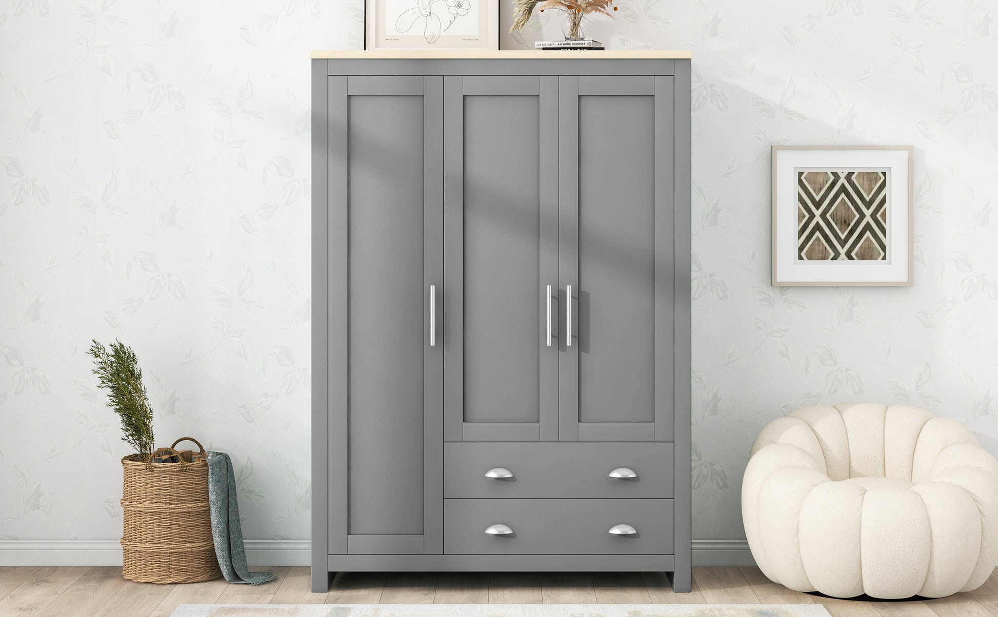 Three Door Storage Wardrobe With Cabinets And Two Hanging Rods,Gray Gray Mdf