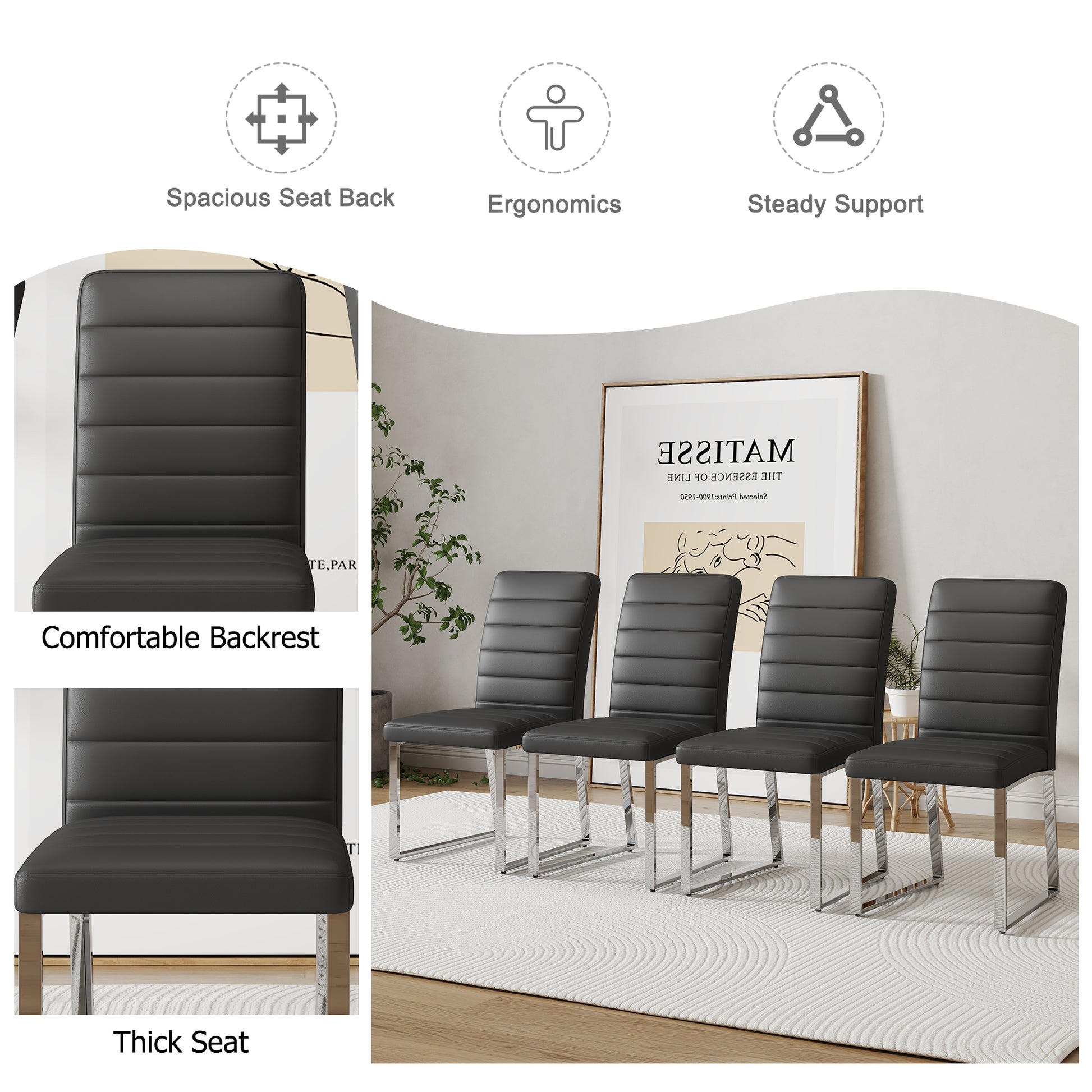 Table And Chair Set, Large Modern Rectangular Glass Table, Can Accommodate 6 8 People, Equipped With A 0.39 Inch Tempered Glass Tabletop And Mdf Table Legs.Paired With Comfortable And Soft Chairs. Black Mdf Glass