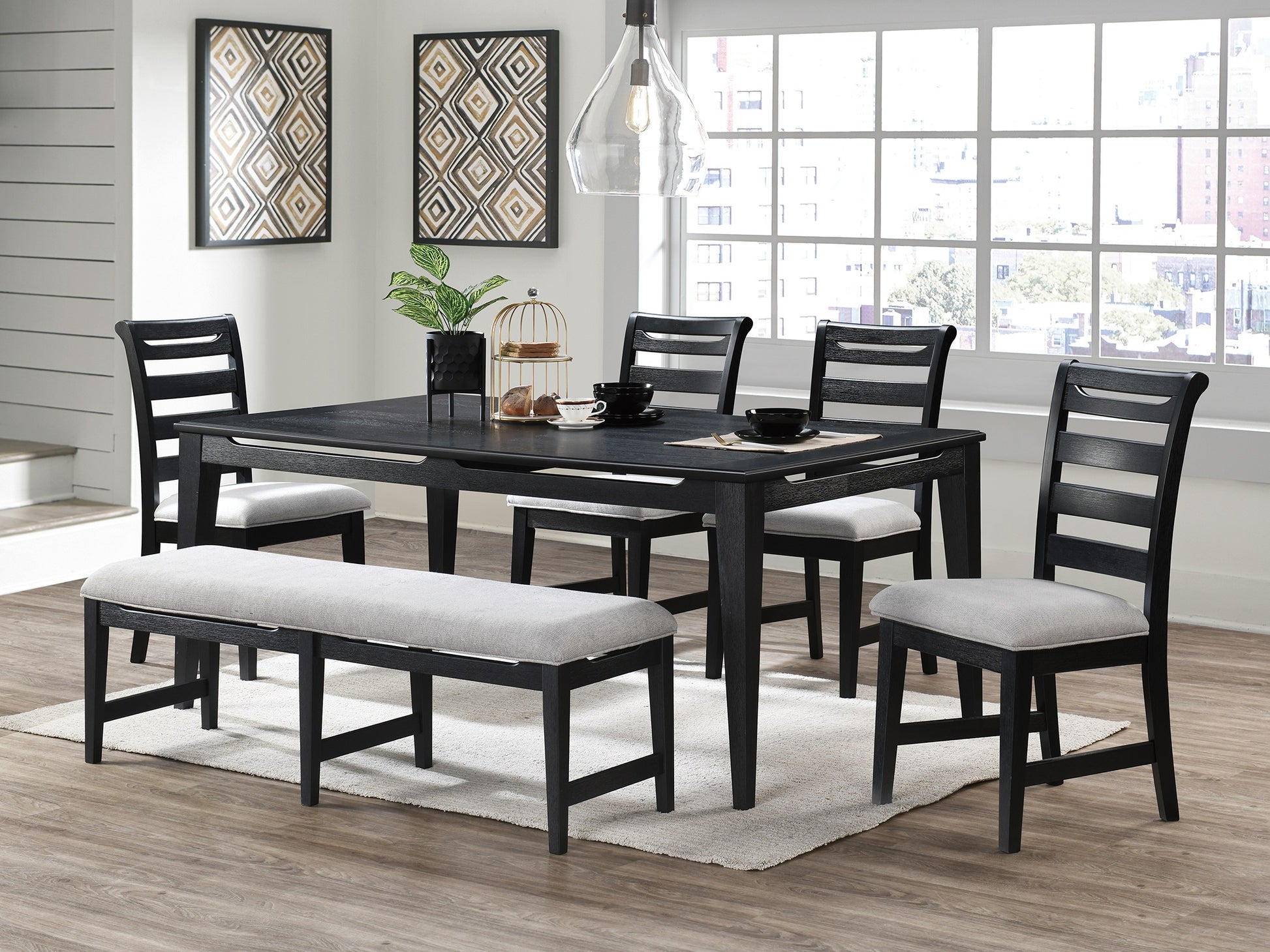 Black Color 6Pc Dining Set Table And 4X Side Chairs 1X Bench Upholster