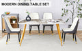 Table And Chair Set.Modern Minimalist Dining Table. White Imitation Marble Pattern Sintered Stone Desktop With Golden Metal Legs.Paried With 4 Comfortable Chairs With Pu Seats And Black Metal Legs.