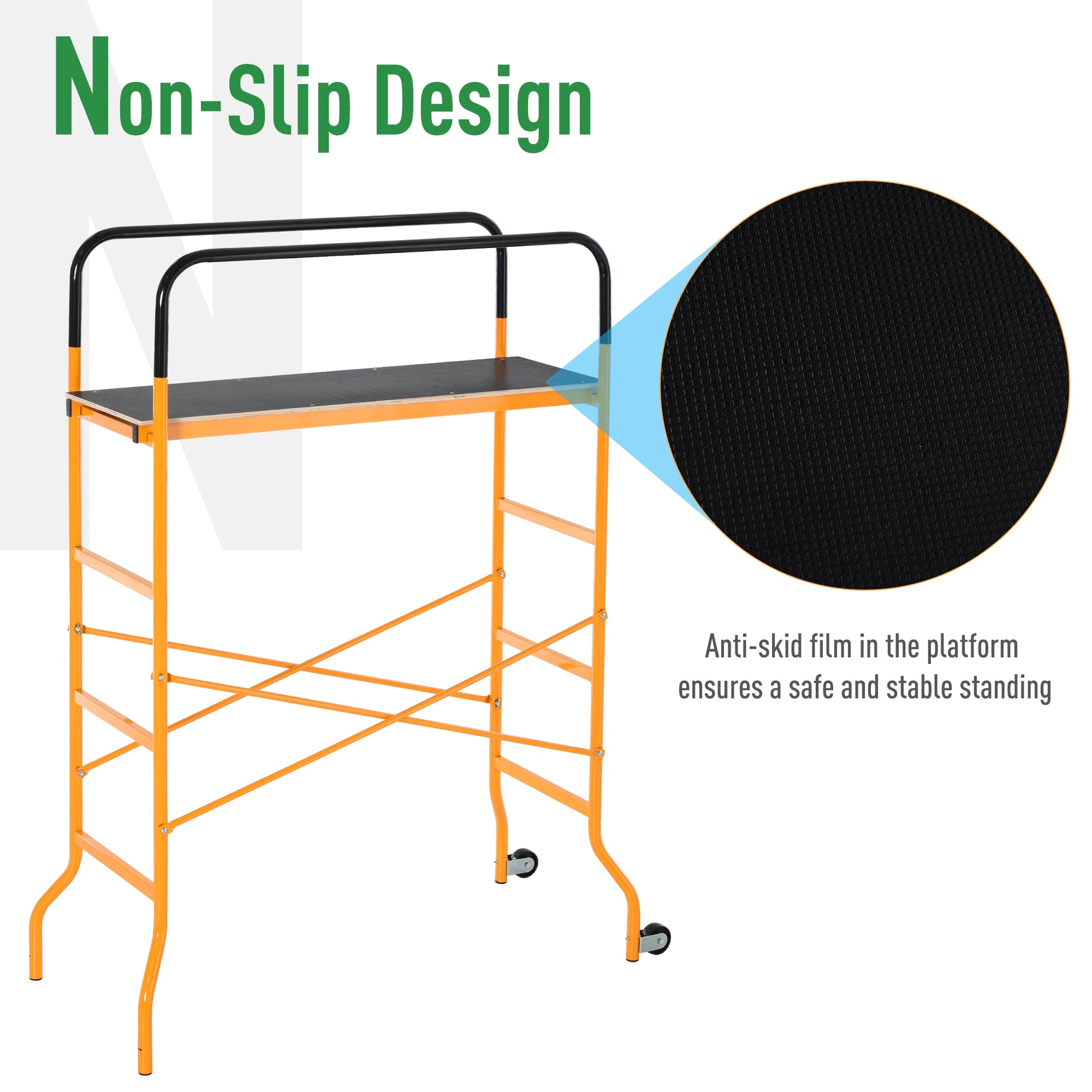 Homcom 4 Step Steel 4.6 X 2 X 6 Ft. Scaffold 2 Wheels Free Moving For Indoor & Outdoor Decoration Anti Skid, 440 Pound Capacity Black Steel