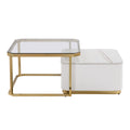 Modern 2 Pieces White Square Nesting Coffee Table With Drawers & Electroplated Gold Legs In 27.6'' Golden White Square Drawers Coffee & End Tables Glossy Square Mdf Glass Mdf Pedestal