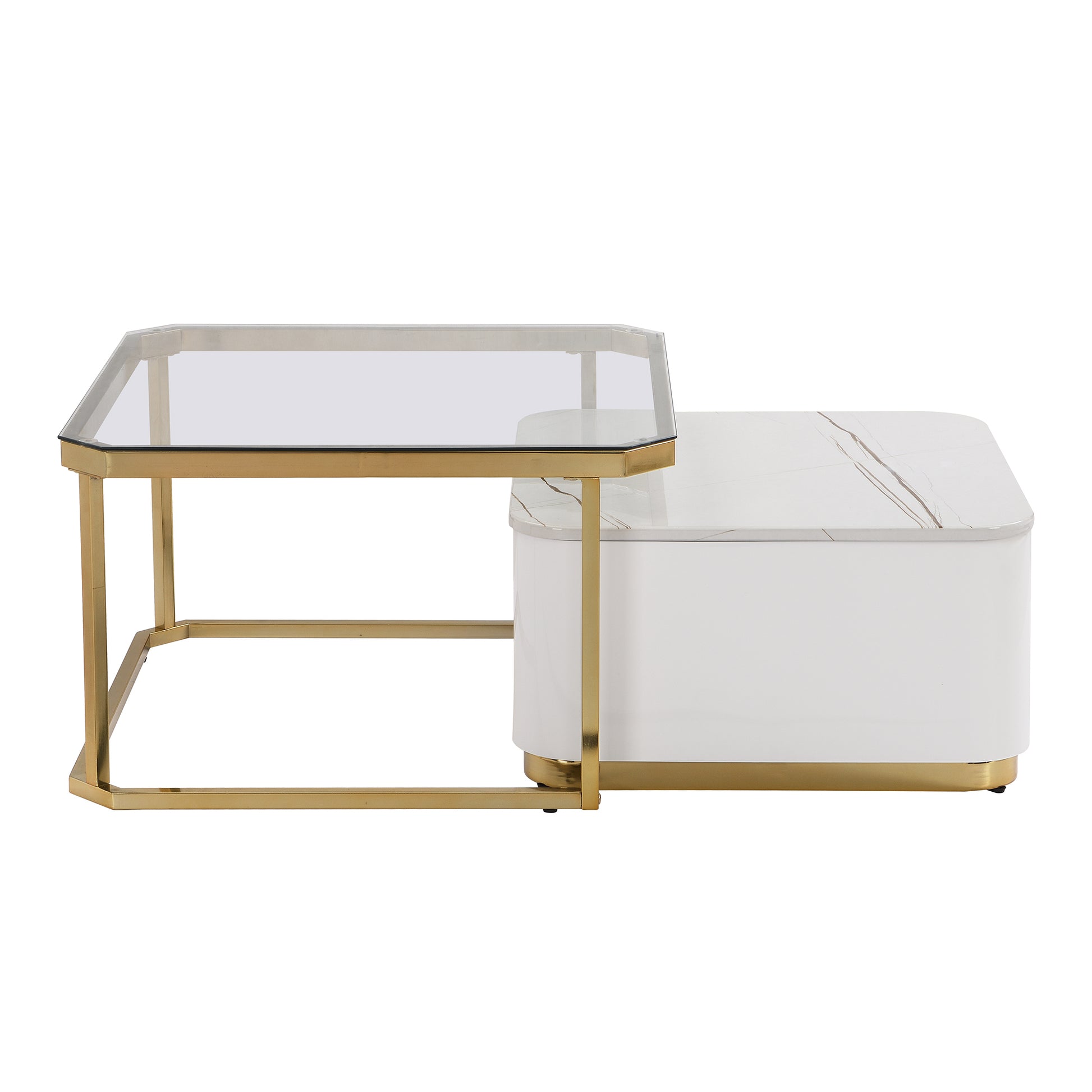 Modern 2 Pieces White Square Nesting Coffee Table With Drawers & Electroplated Gold Legs In 27.6'' Golden White Square Drawers Coffee & End Tables Glossy Square Mdf Glass Mdf Pedestal