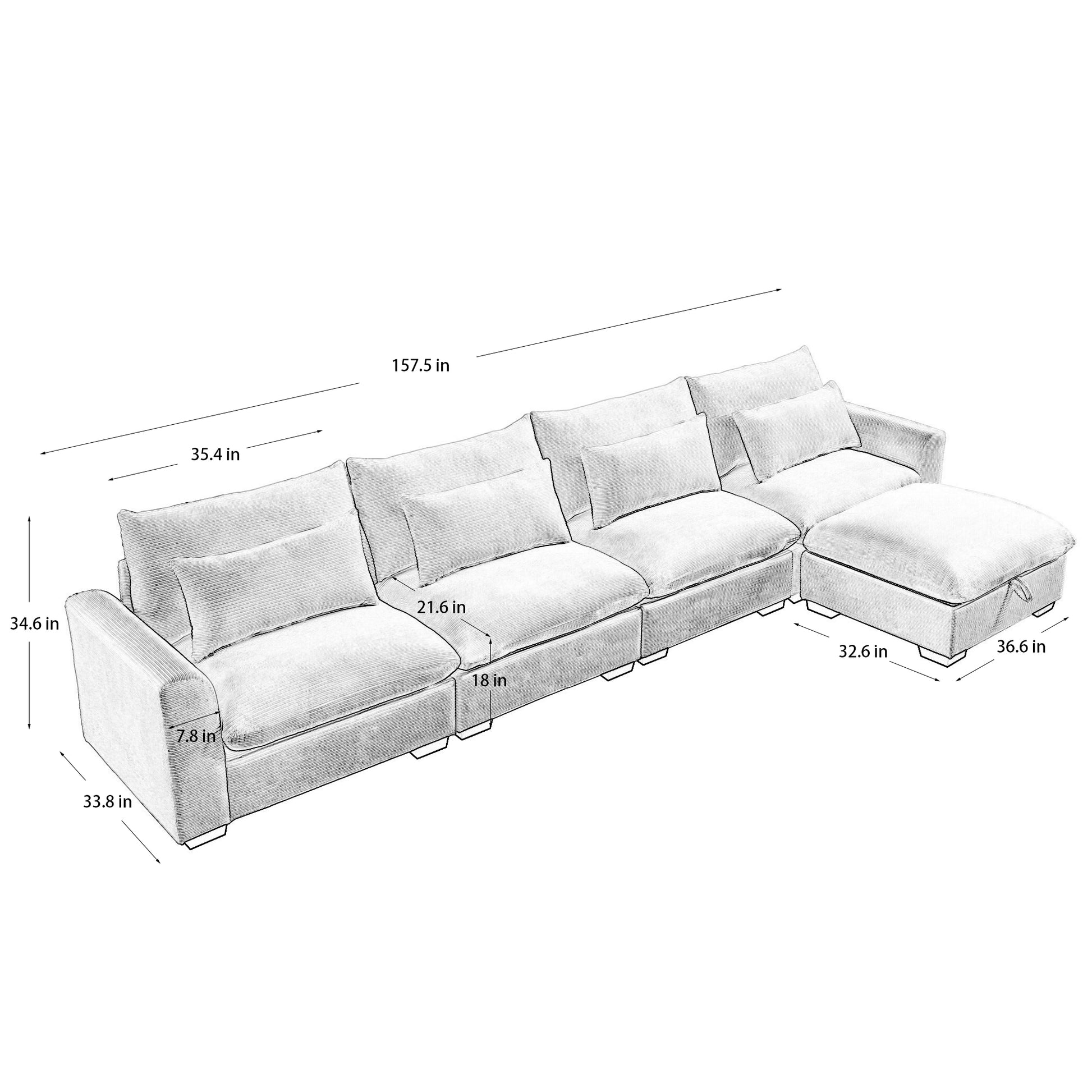 Large L Shape Sectional Corduroy Sofa,Deep Seat Couch With Storage Footstool And 4 Waist Pillows,Beige Beige Corduroy 4 Seat