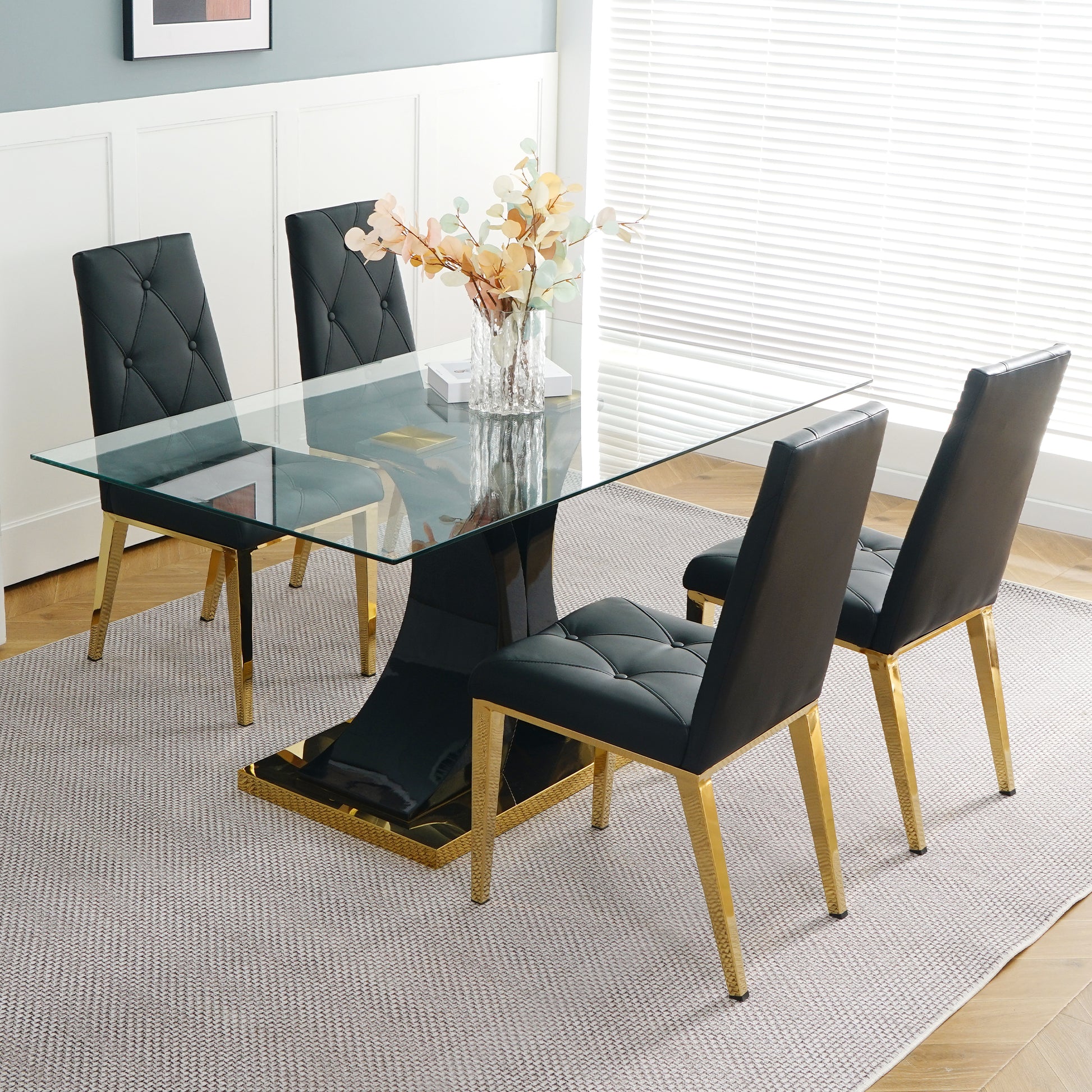 Modern Style Glass Dining Table, Elegant Transparent Design, Solid Support Base, Black Dining Chair Set, Gold Plated Chair Legs, Suitable For Restaurant Kitchens Set Of 5 Black Gold Seats 4 Mdf Glass