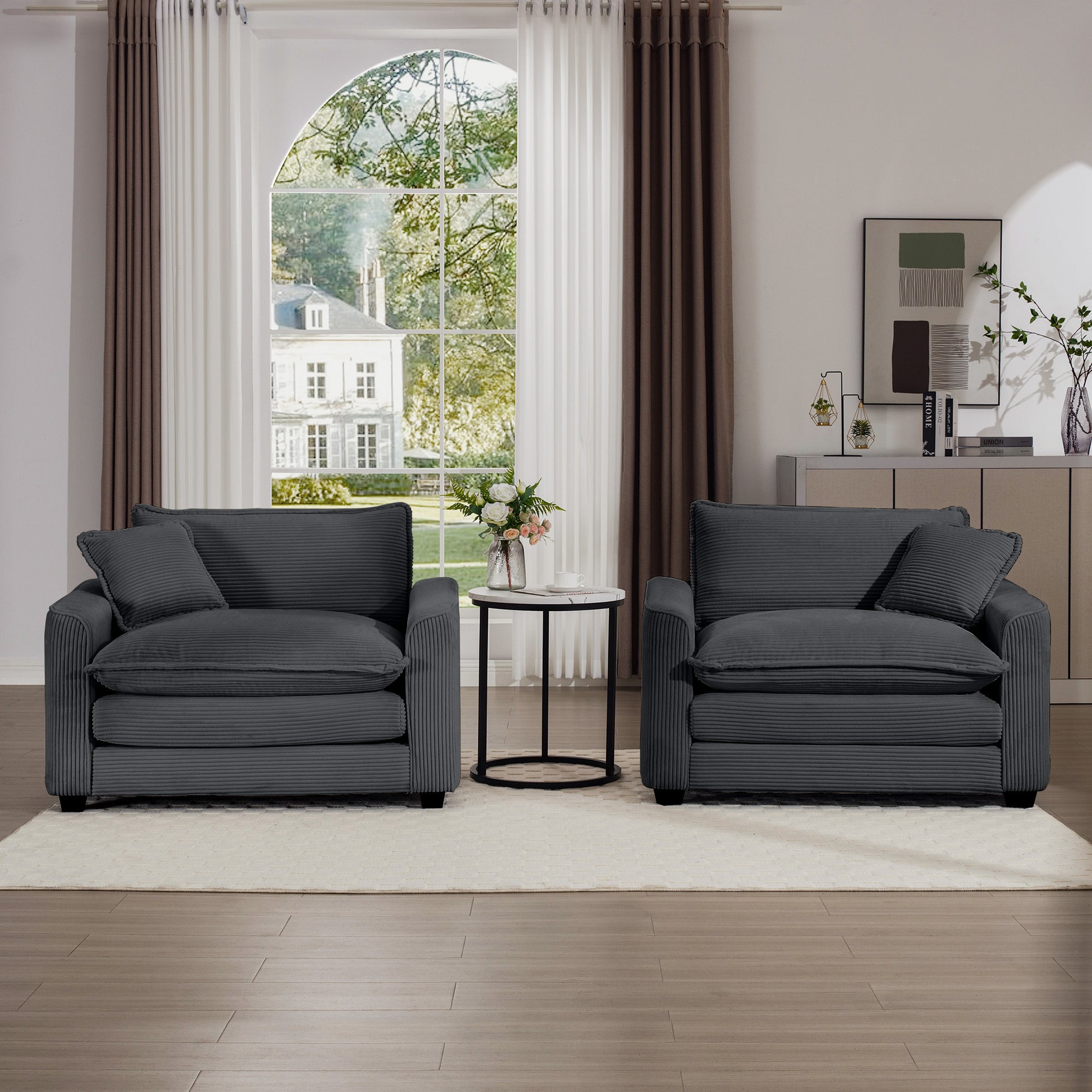 Luxurious And Sophisticated Deep Seated Sofa Set With Two Single Chairs In Grey Corduroy Fabric, Suitable For Bedroom And Office Grey Corduroy 2 Seat