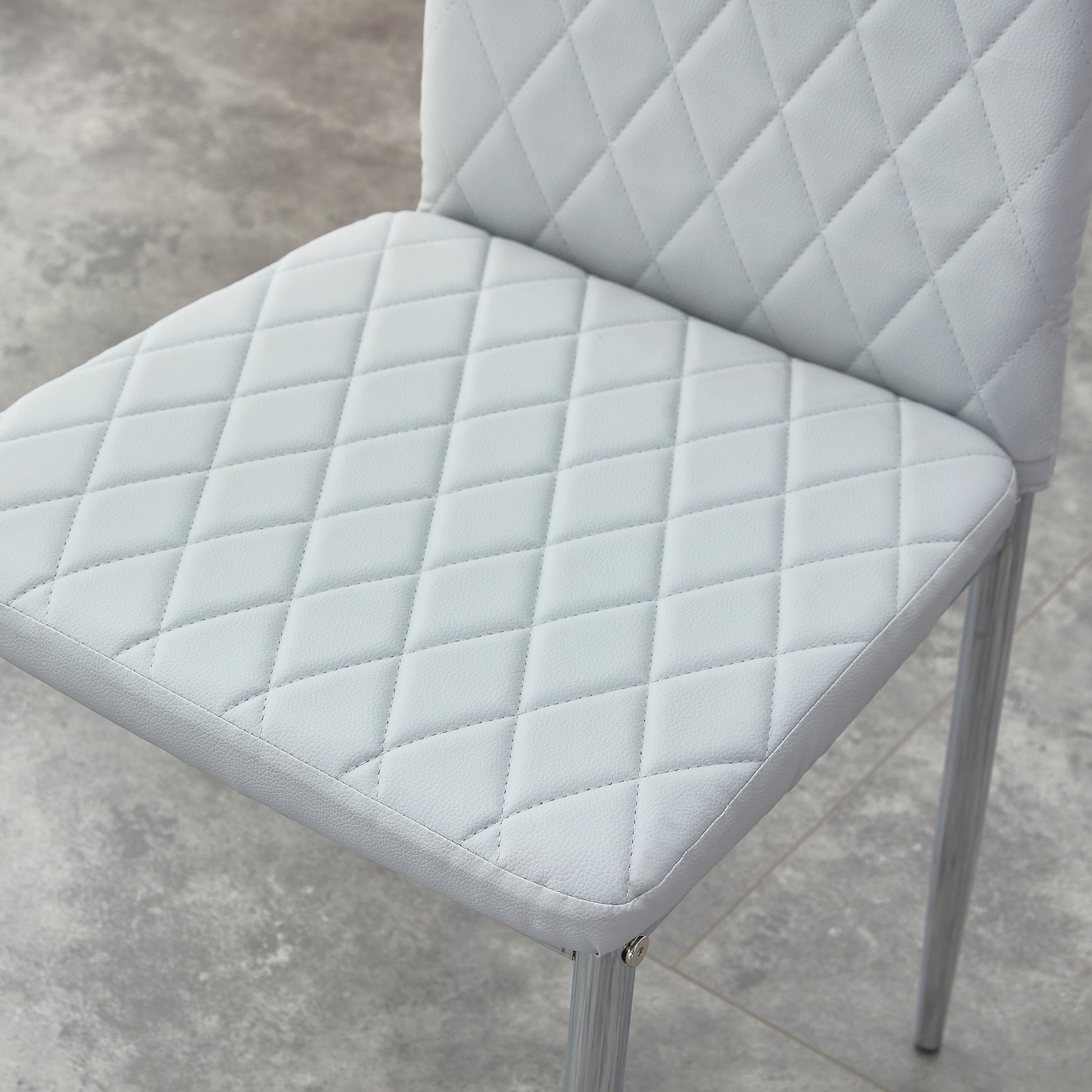 Table And Chair Set.Large Modern Rectangular Table With Brown Glass Top And Silver Metal Legs. Paired With 6 Light Gray Chairs With Checkered Armless High Back Pu Cushion And Silver Metal Legs. Light Gray,Silver Seats 6 Glass Metal