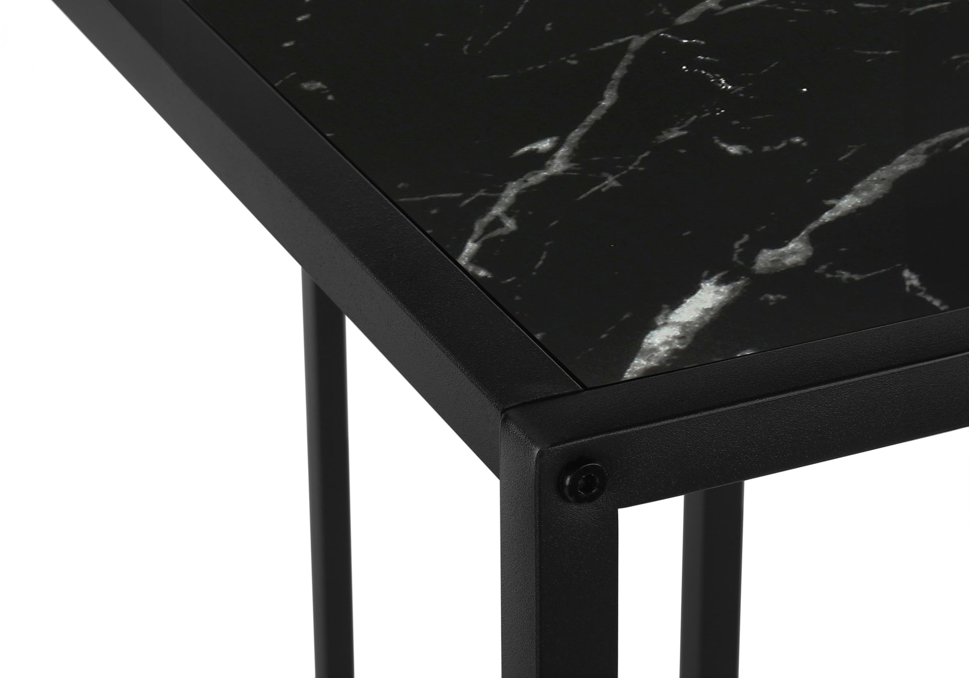 Accent Table, Console, Entryway, Narrow, Corner, Living Room, Bedroom, Black Marble Look Laminate, Black Metal, Contemporary, Modern Black Particle Board