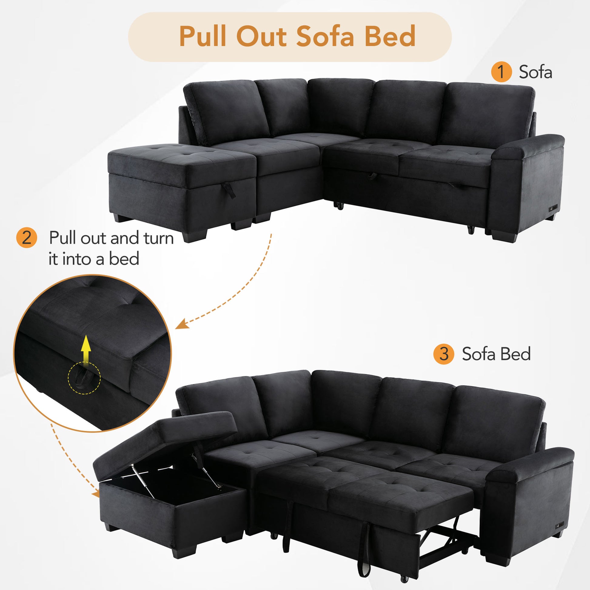 Sleeper Sectional Sofa, L Shape Corner Couch Sofa Bed With Storage Ottoman & Hidden Arm Storage & Usb Charge For Living Room Apartment, Black Black Velvet 4 Seat