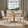 5 Piece Retro Dining Set, Round Table With Pedestal Table Base And 4 Upholstered Chairs For Dining Room And Kitchen Natural Wood Wash Natural Wood Wash Solid Wood Mdf