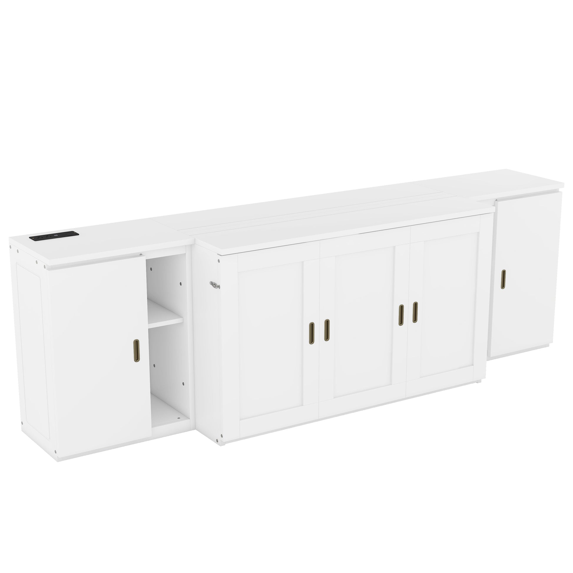 Full Size Murphy Bed With Shelves, Cabinets And Usb Ports,White White Mdf Lvl