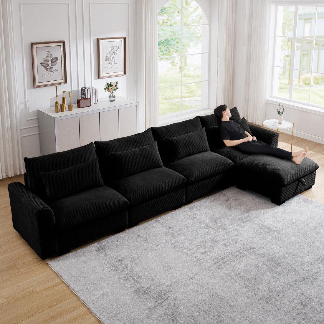 Large L Shape Sectional Corduroy Sofa,Deep Seat Couch With Storage Footstool And 4 Waist Pillows, Black Black Corduroy 4 Seat