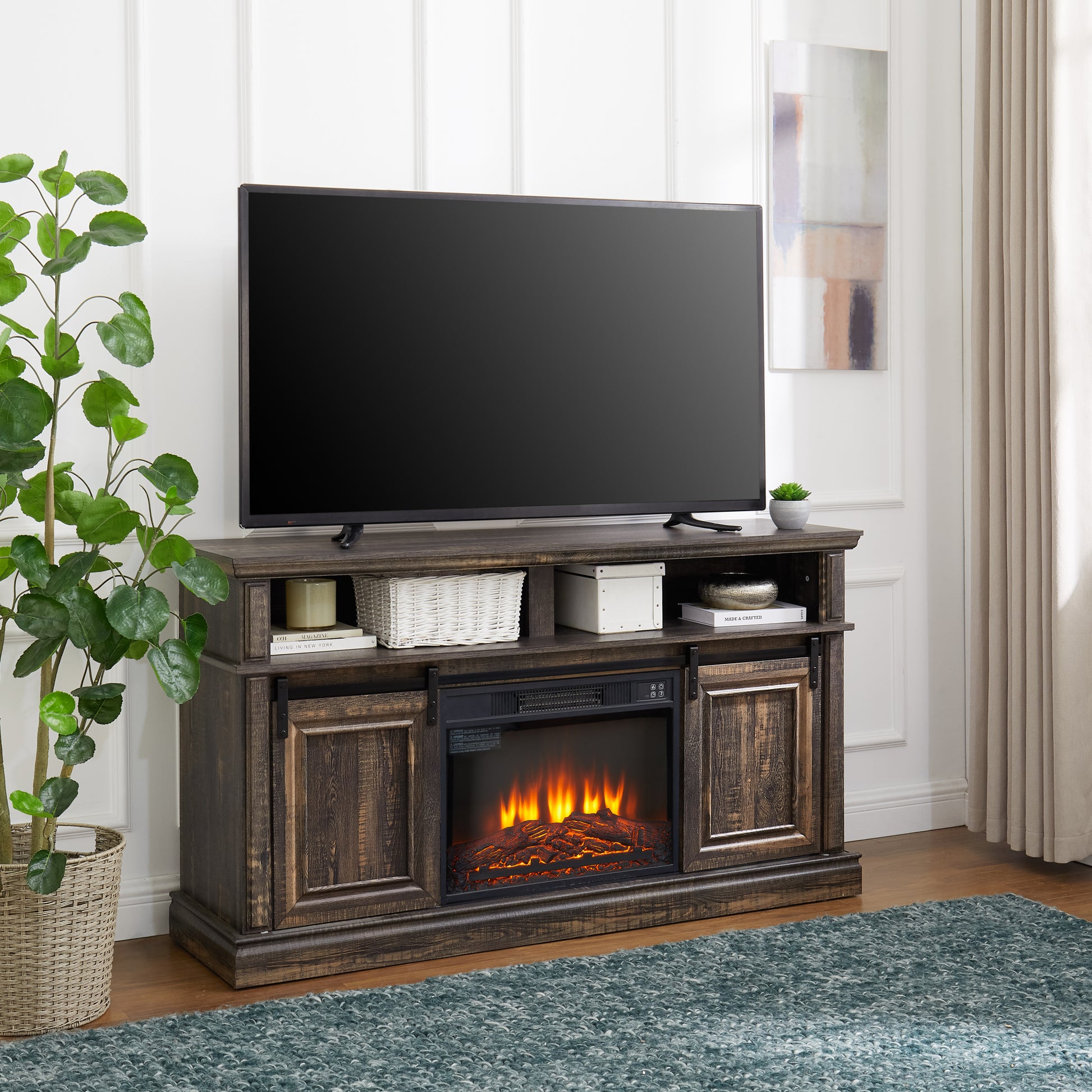 Modern Entertainment Console Tv Stand With 23" Fireplace Insert, Multipurpose Sliding Door Tv Cabinet Large Storage Space, 58.11"W*15.79"D*32.36"H Antique Brown Antique Brown 60 69 Inches 60 69 Inches 60 Inches Mdf