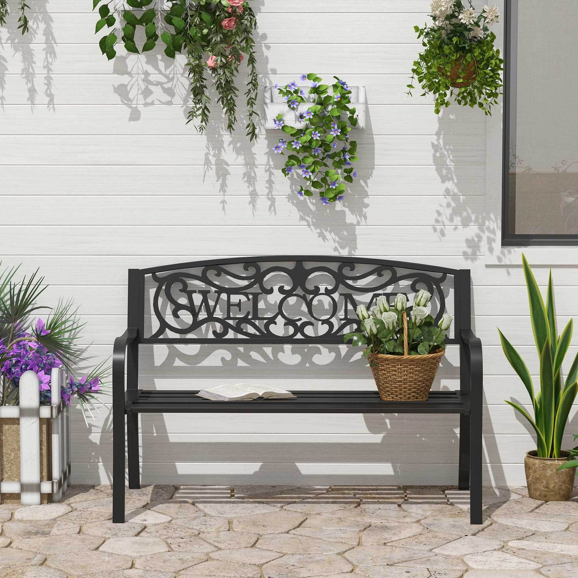 Outsunny 50" Outdoor Metal Welcome Bench, Garden Bench With Slatted Seat, Patio Bench For Park, Porch, Yard, Entryway, Black Black Iron