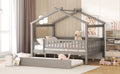 Full Size Wooden House Bed With Twin Size Trundle, Gray Full Gray Solid Wood Mdf