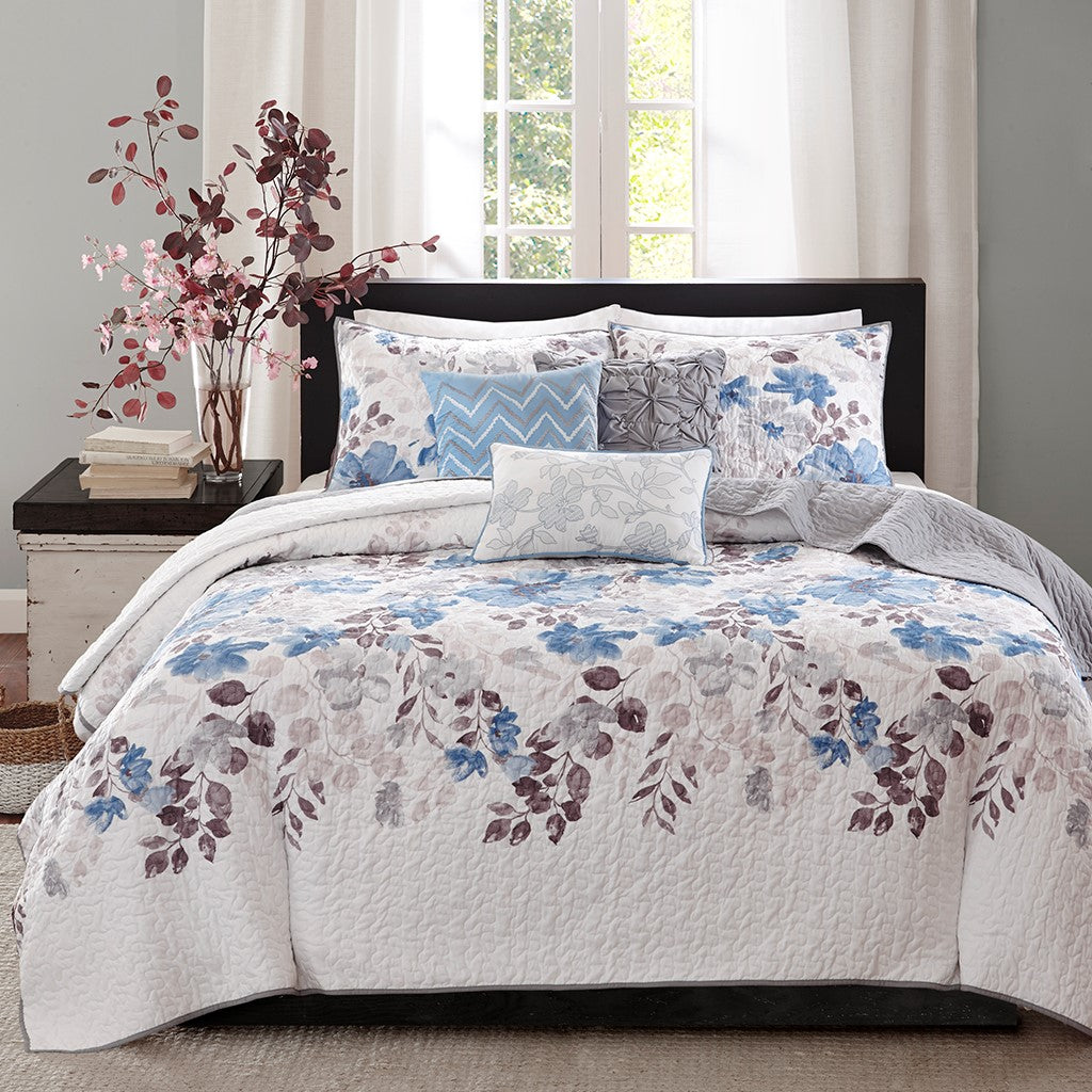 6 Piece Printed Quilt Set With Throw Pillows Blue Full Queen Full Blue Cotton
