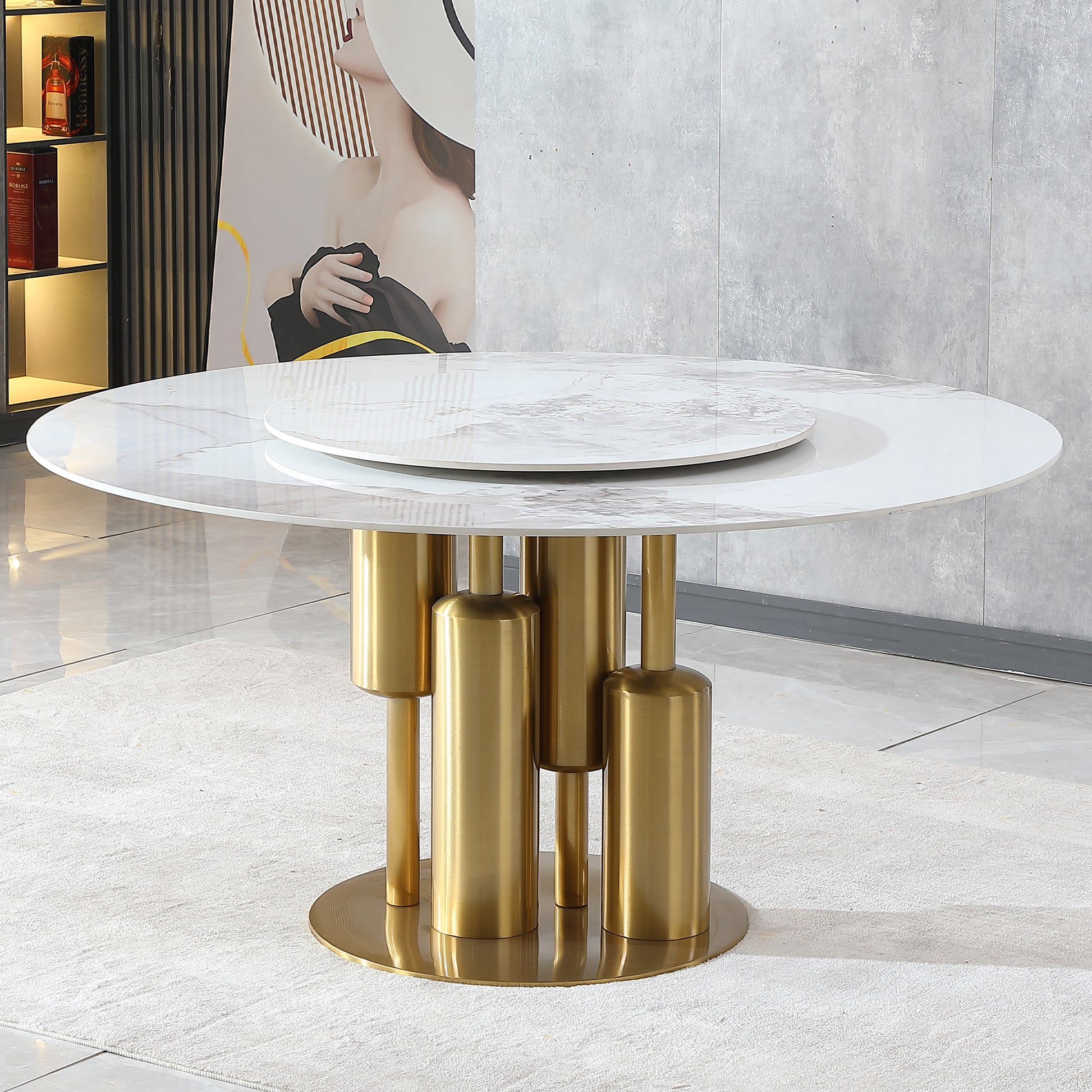 Modern Marble Dining Table, 59" Round Sintered Stone Table For Dining Room, Kitchen, Dinette, Compact Space With Lazy Susan Table Only Gold,Gold White Dining Room American Design,Luxury,Modern