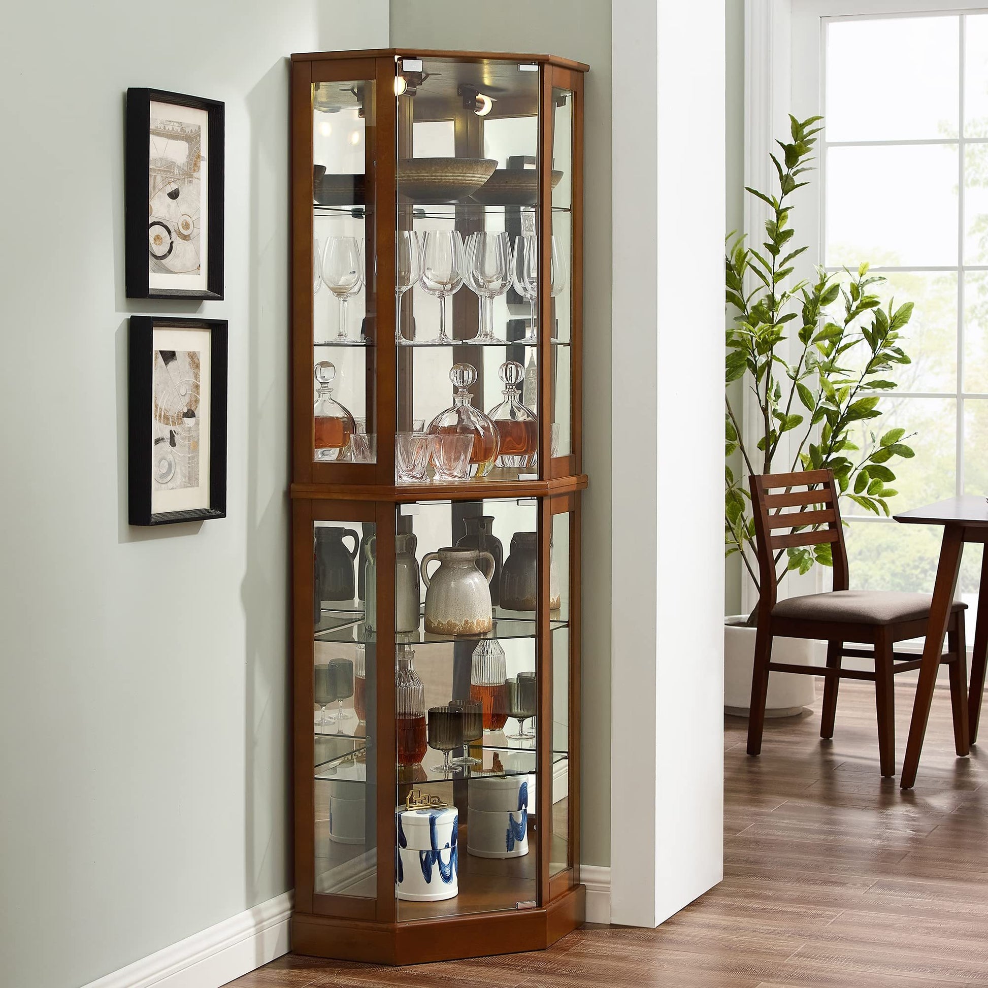 6 Shelf Corner Curio Display Cabinet With Lights, Mirrors And Adjustable Shelves, Walnut E26 Light Bulb Not Included Walnut Mdf