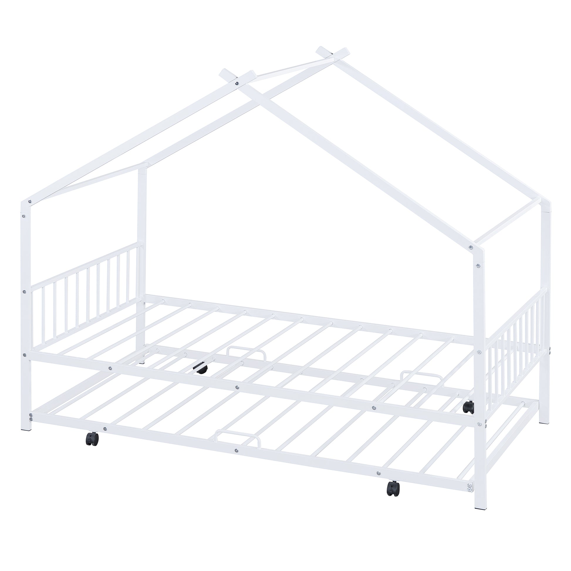 Twin Size Metal House Bed With Twin Size Trundle, White Twin White Metal