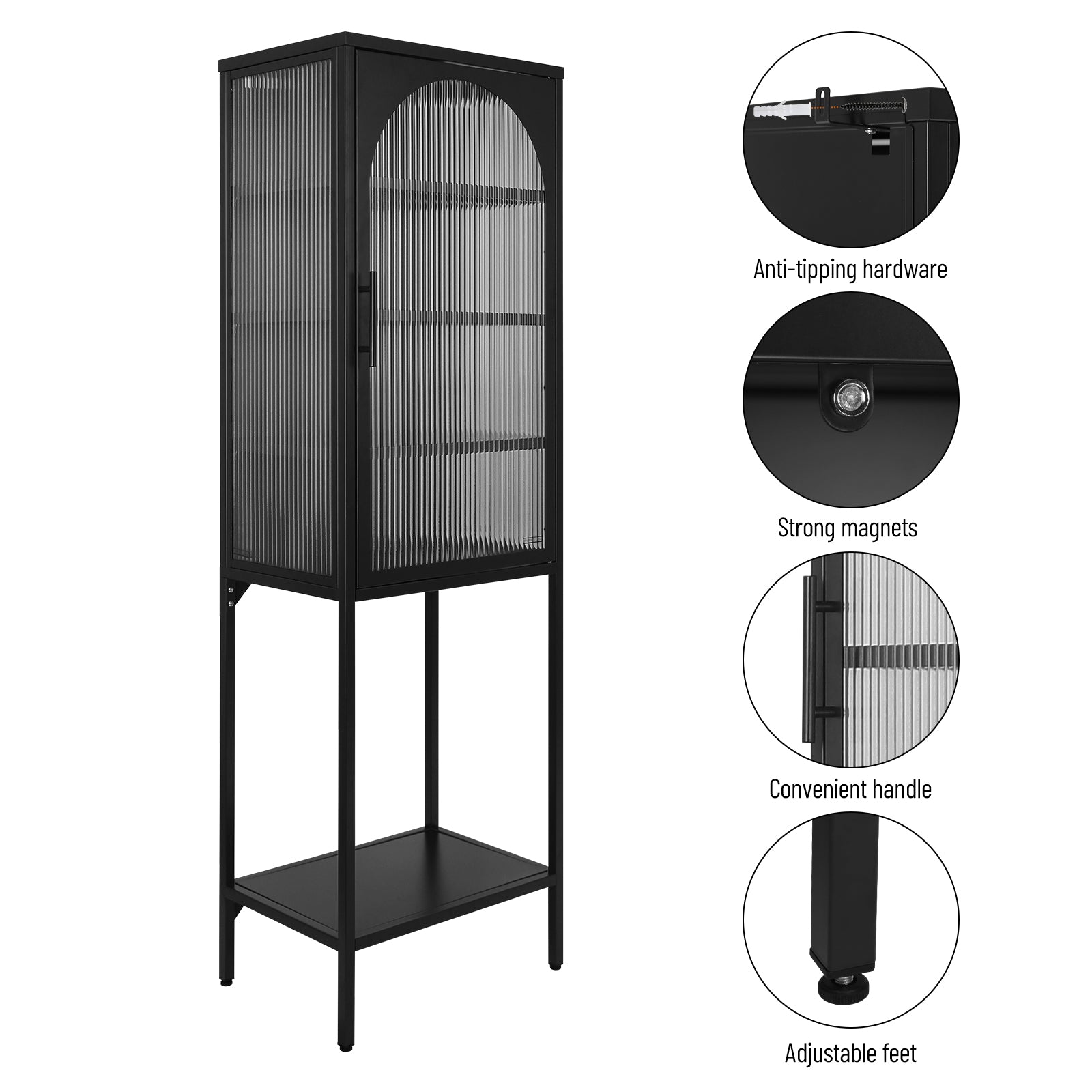 Stylish Tempered Glass High Cabinet With Arched Door Adjustable Shelves And Feet Anti Tip Dust Free Fluted Glass Kitchen Credenza Black Black Tempered Glass Sheet Metal Plastic