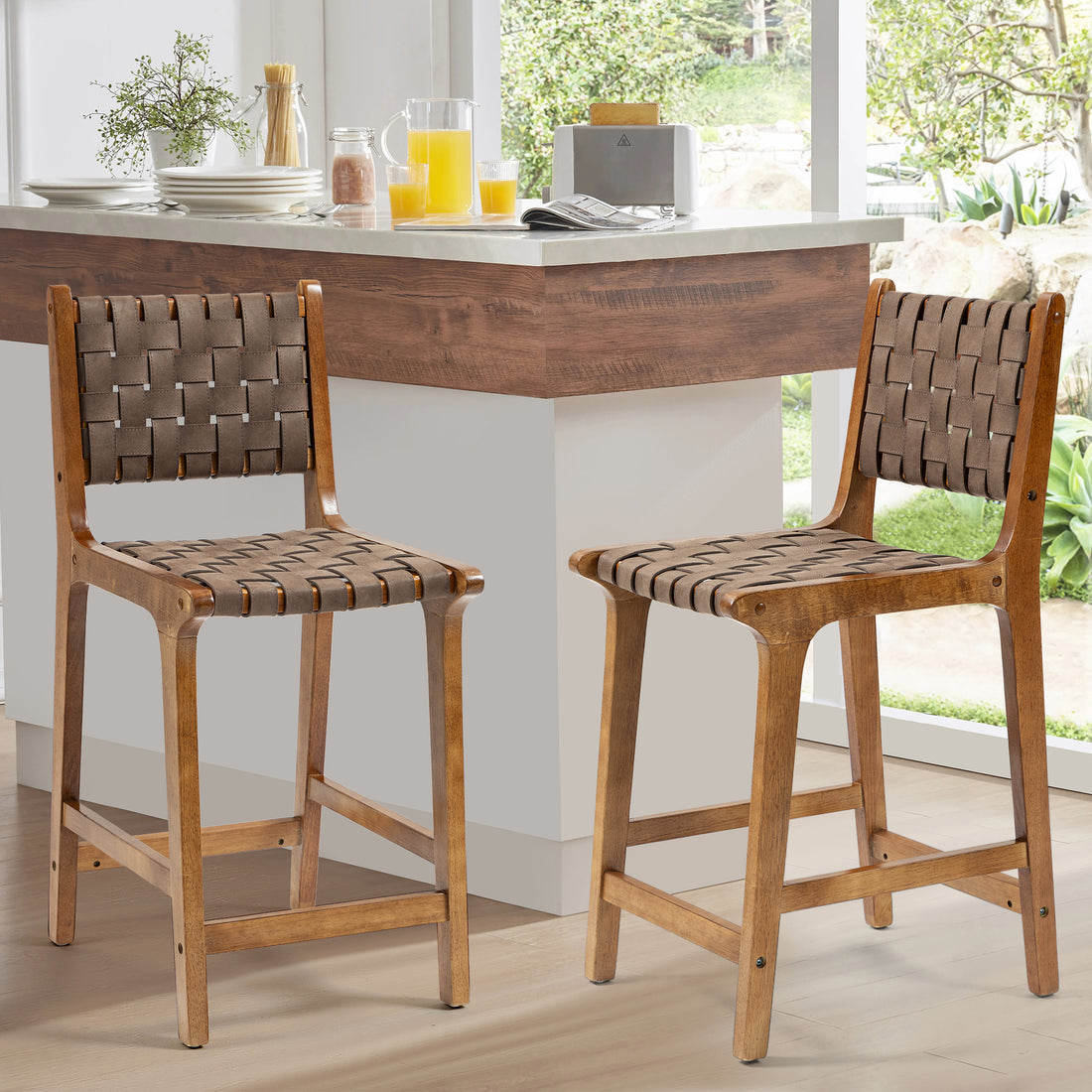 E Leather Woven Counter Height Stool Kitchen Wooden Barstools, 24 Inch Seat Height Set Of 2 Brown Bonded Leather Rubber Wood