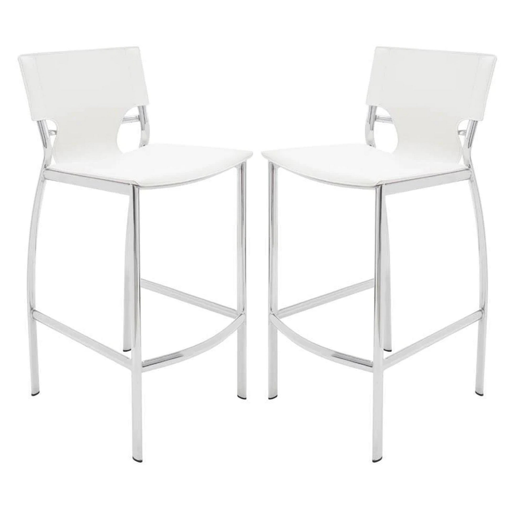 Illa 26 Inch Counter Height Chair, Set Of 2, Chrome Base, Vegan Leather, White White Metal