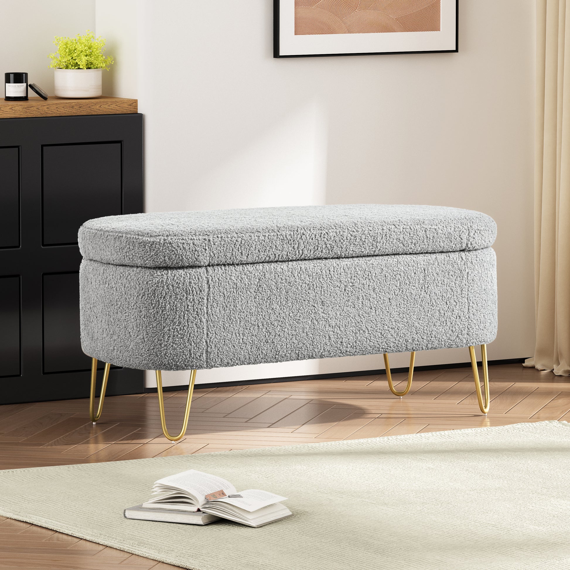 Oval Storage Bench For Living Room Bedroom End Of Bed, Upholstered Storage Ottoman Entryway Bench With Metal Legs,Grey Wood Primary Living Space Solid Grey Pine With Storage Grey Polyester Polyester Or Polyester Blend Backless Modern Oval Flip Top