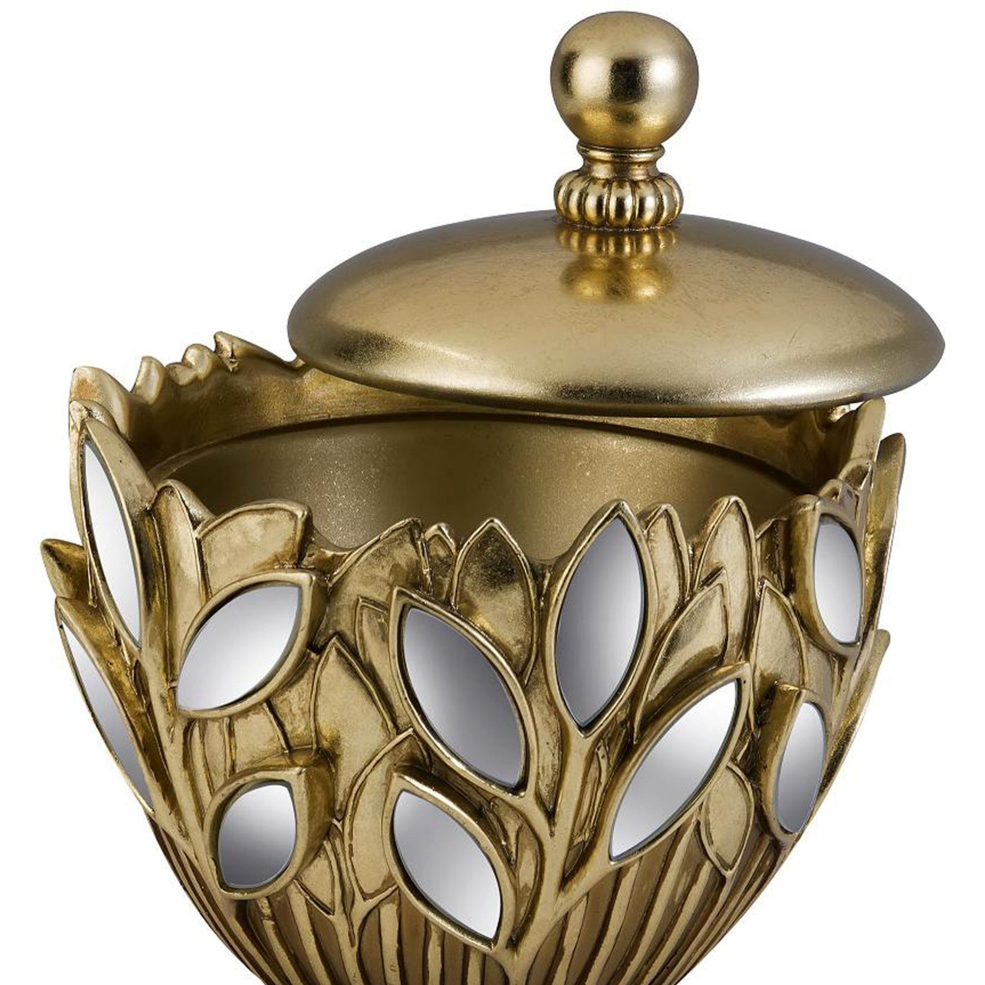 7.75" Tall Decorative Jewelry Box "Gaia, Gold Finish And Mirror Flower Accent Gold Polyresin