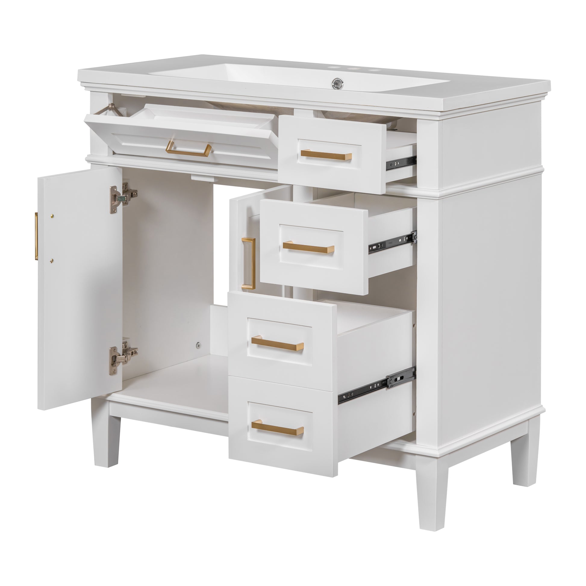 36 Inch Bathroom Vanity With Resin Sink, Modern Bathroom Cabinet In White,Featuring Two Soft Close Doors And Four Drawers White Bathroom Solid Wood Mdf Resin