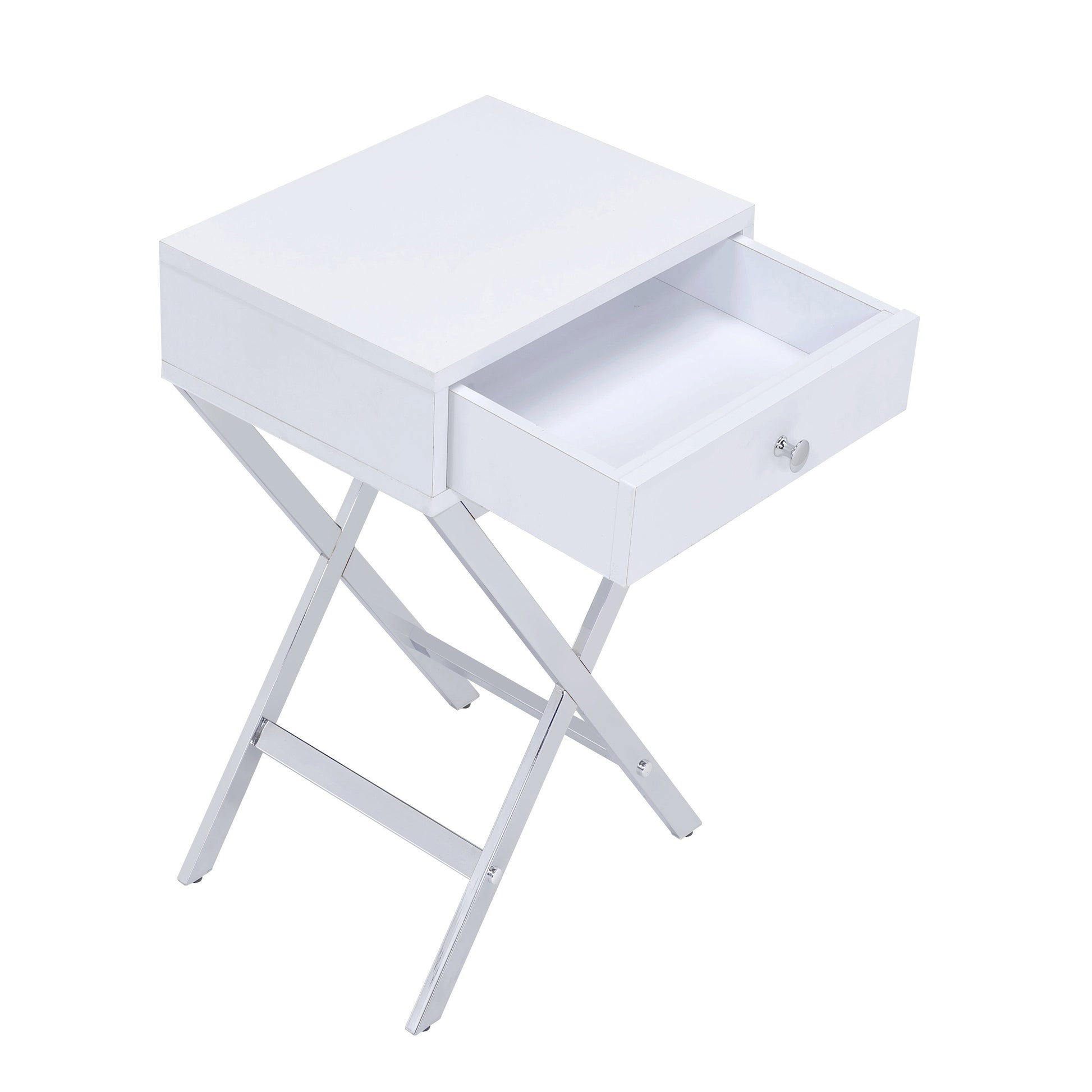 White And Chrome 1 Drawer Rectangular Accent Table White Silver Primary Living Space Modern Drawers Rectangular Wood Metal