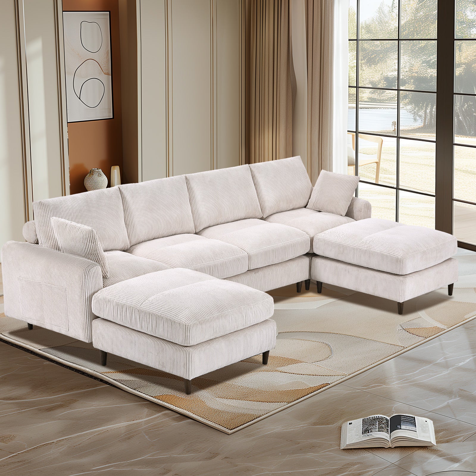 Modern Corduroy Modular Section Sofa, U Shaped Convertible L Shaped Sofa Set With Pillow, Oversized Sectional Sofa With Footstool, Suitable For Living Room, Attic, Apartment, Office White 6 Seat