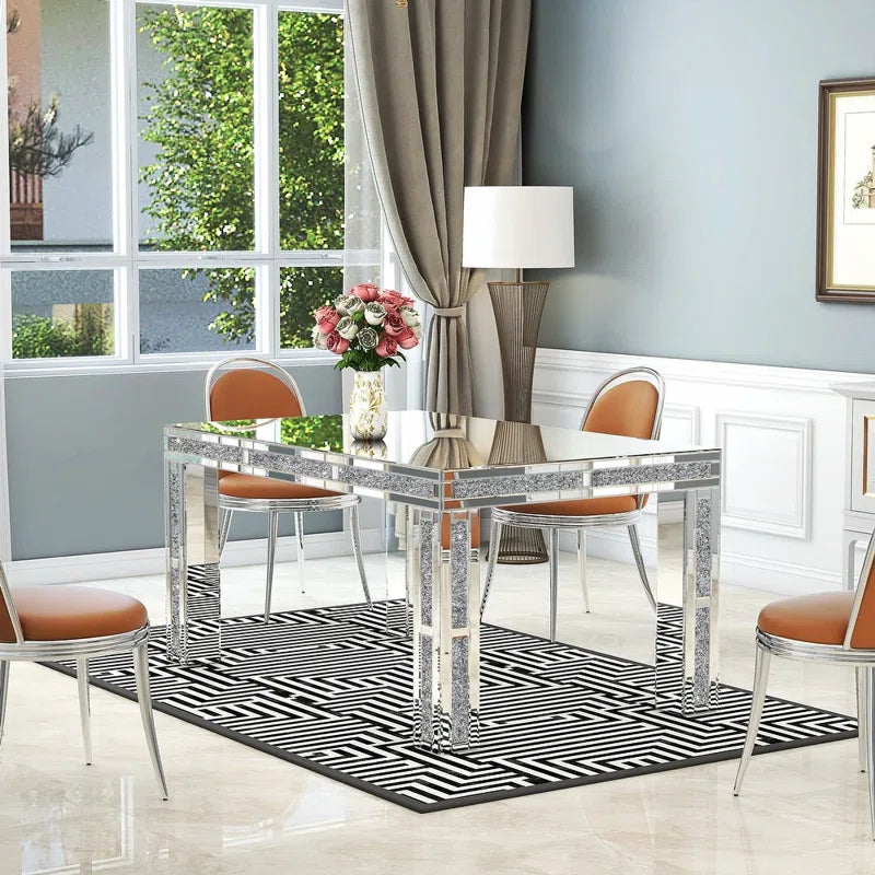 51.18" Mirrored Glass Dining Table With 4 Legs And Crushed Diamond Inlay Silver Seats 6 Mirrored Finish Desk And Hutch Primary Living Space Modern Freestanding Rectangular Kitchen & Dining Tables