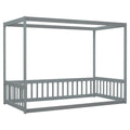 Twin Size Canopy Frame Floor Bed With Fence, Guardrails,Grey Twin Grey American Design Pine