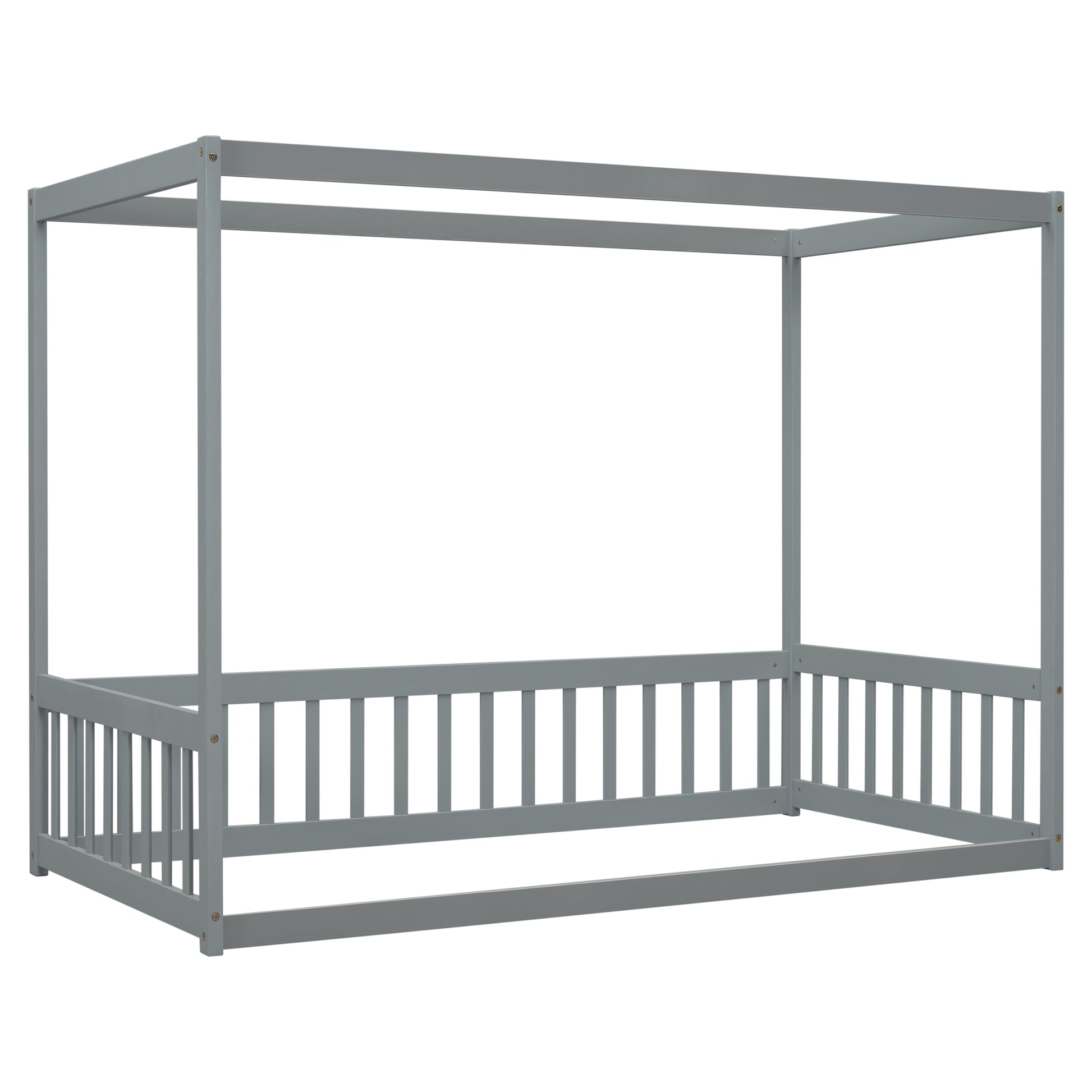 Twin Size Canopy Frame Floor Bed With Fence, Guardrails,Grey Twin Grey American Design Pine